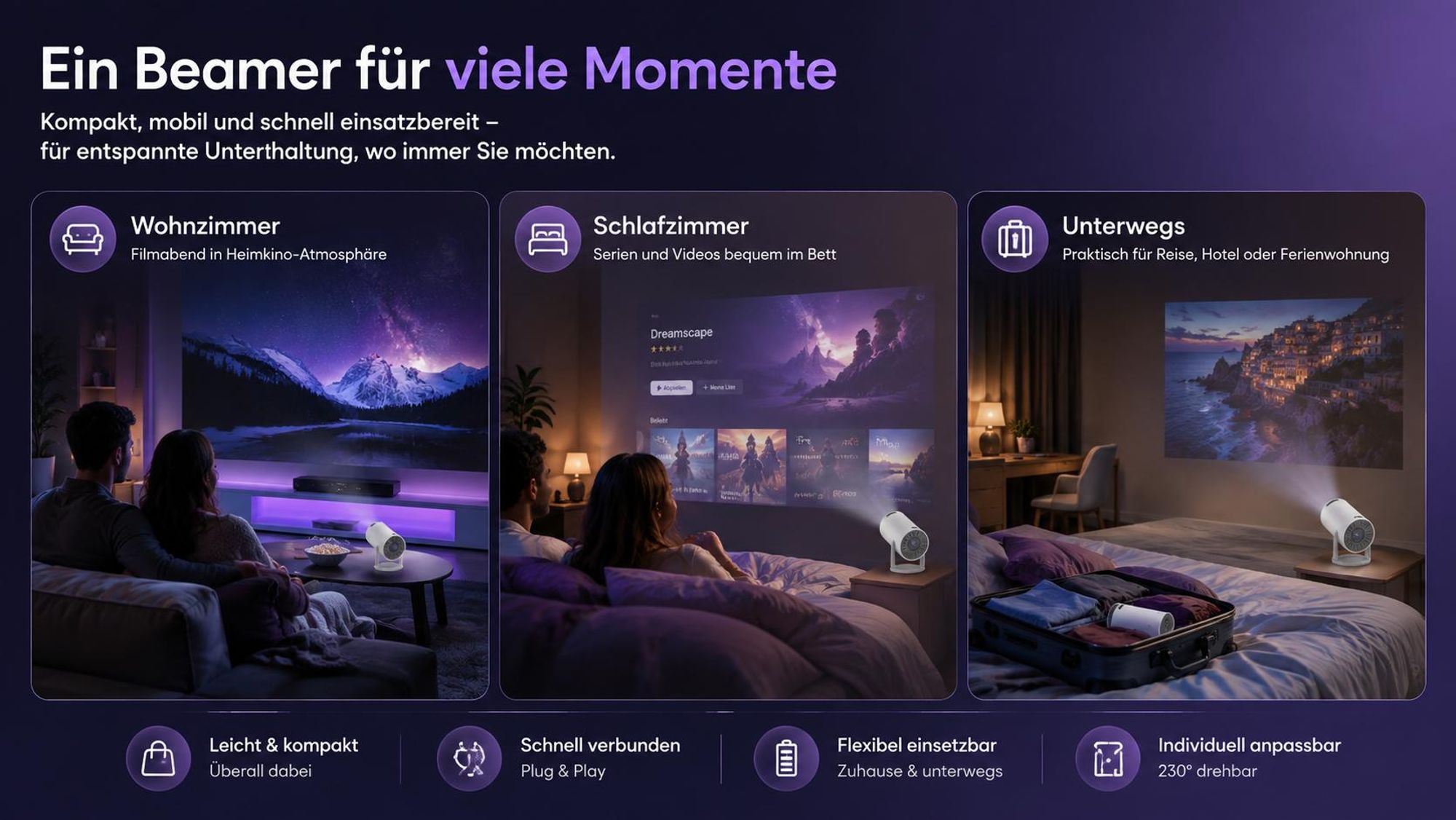 Kiano Relax Projektor Mini Tragbarer Beamer Smart TV, Trapezkorrektur, 1280x720, Android/iOS, 140 ANSI, Android, DLNA, Wi-Fi