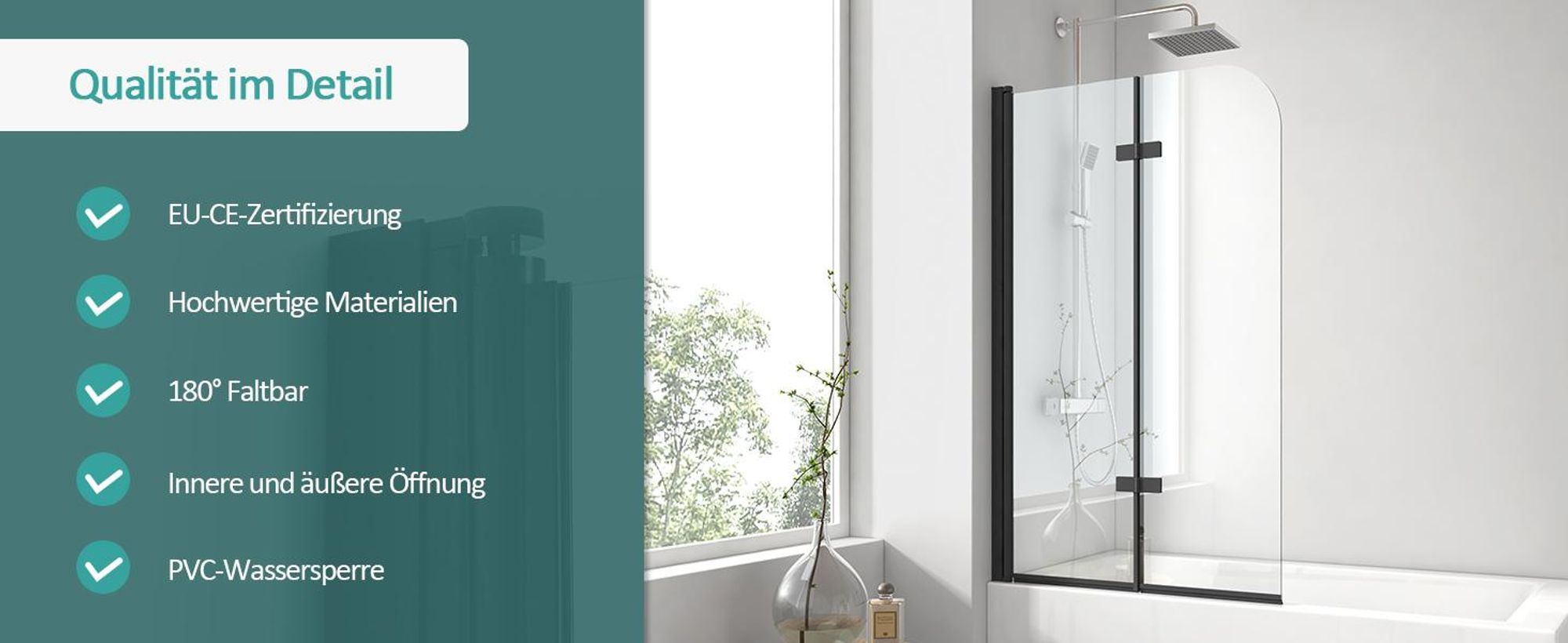 EMKE Duschabtrennung 100x140cm Faltwand für Badewanne Badewannenaufsatz Mattes Schwarz Duschwand aus 6mm NANO Easy Clean GLAS