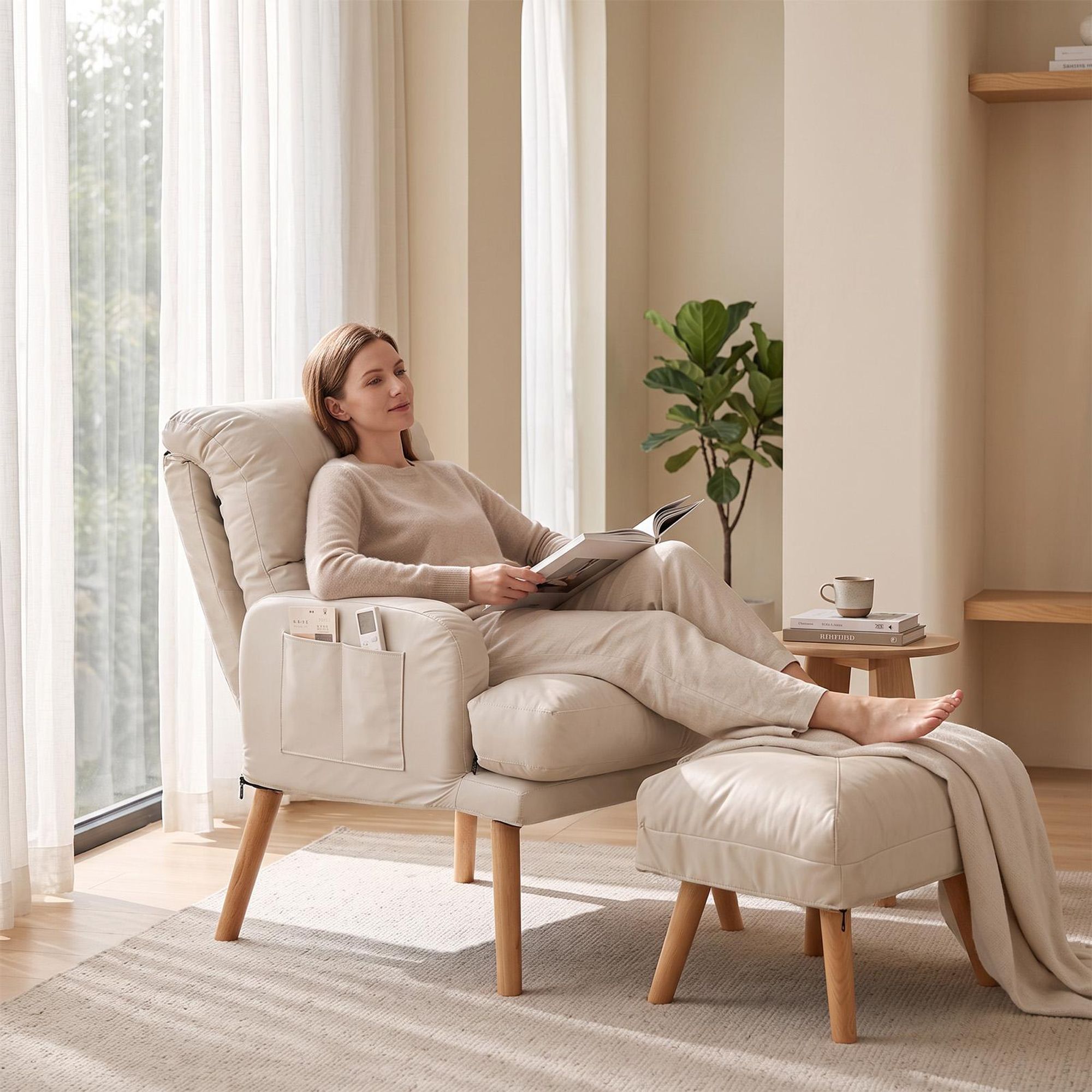 Relaxsessel mit Hocker Verstellbare Rückenlehne Weiß für Wohnzimmer und Schlafzimmer, TV-Sessel Fernsehsessel mit Liegefunktion Polstersessel und Hock