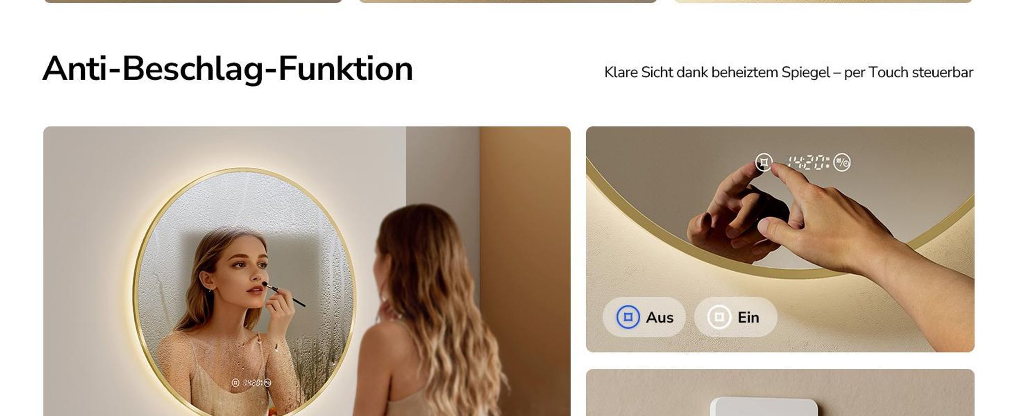 EMKE Badspiegel Rund LED Spiegel mit Beleuchtun ф80cm Gebürstetem Goldrahmen Rund Badezimmerspiegel mit Beschlagfrei, Uhr, Temperatur, Dimmbar, Memory-Funktion - Neutrale Lichts 4300K