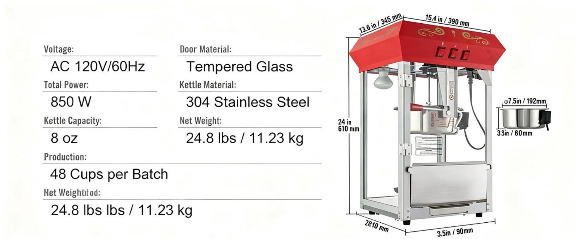 VEVOR Popcornmaschine, 850W Popcorn Popper, 8 Oz Kessel macht 48 Tassen pro Charge, Tisch-Popcornmaschine mit gehärtetem Glas, inklusive 4 Schaufeln, im Kino-Stil, Rot, Rot, 8oz