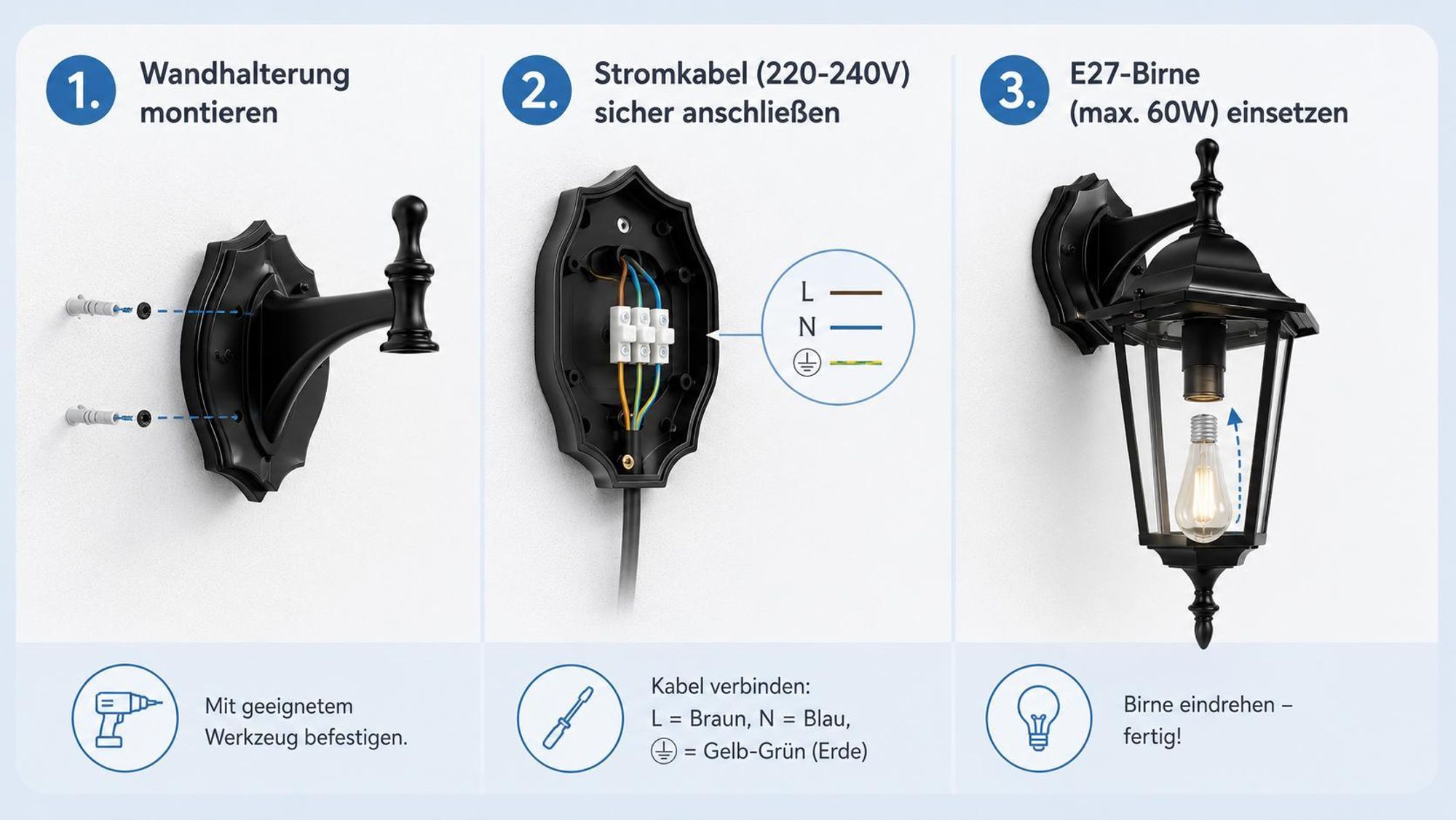 MasterLED Außenwandleuchte E27 max 60W IP44 Aluminium Glas schwarz RAL 9005 Wandmontage
