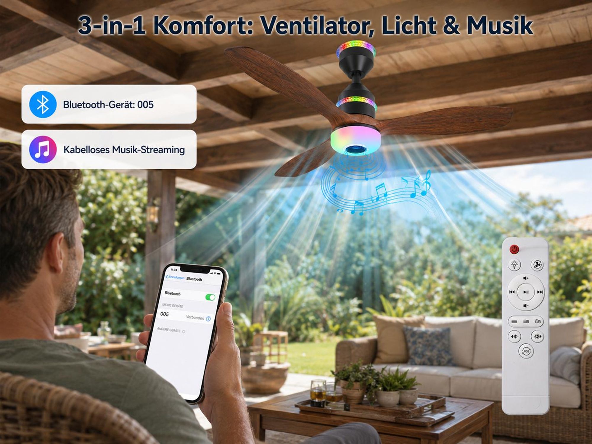 Deckenventilator mit Licht Ø60cm 48W Deckenlampe mit Ventilator Bluetooth Musik & RGB Farbwechsel 3 Geschwindigkeiten LED Dimmbar Fernbedienung
