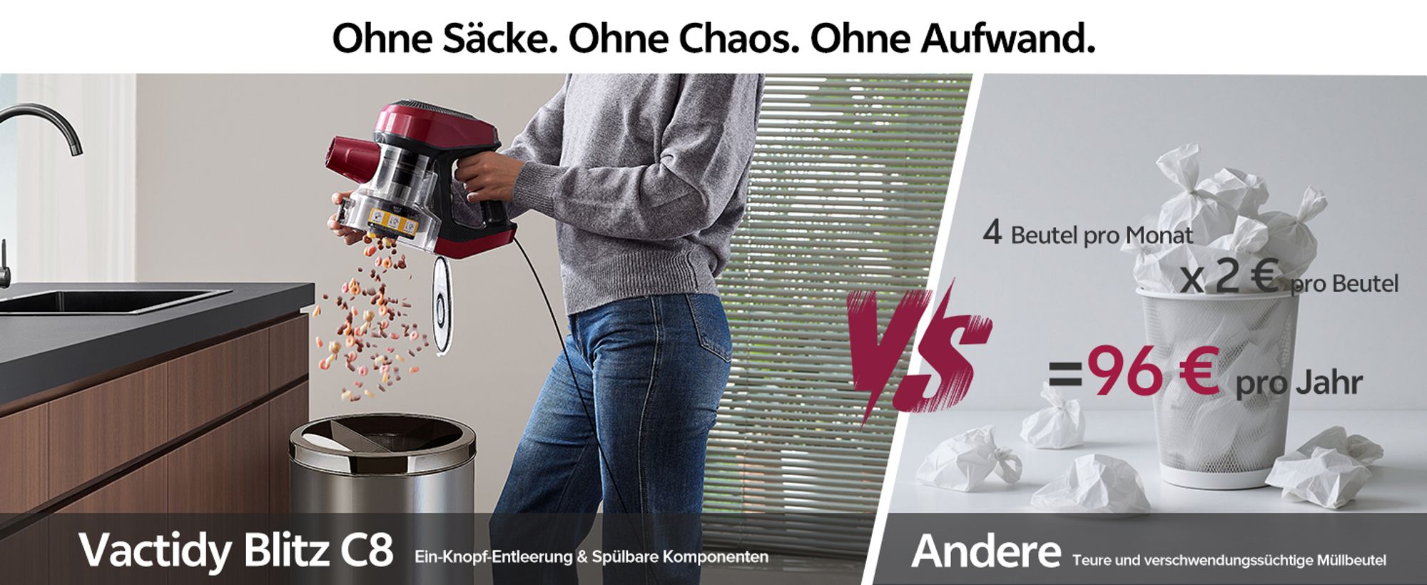 Vactidy C8 Staubsauger mit Kabel 7m/60kPa/600W Handstaubsauger 1,5L Beutelloser Staubbehälter, Antiverhedderungs-Bürste für Böden Teppiche Tierhaare