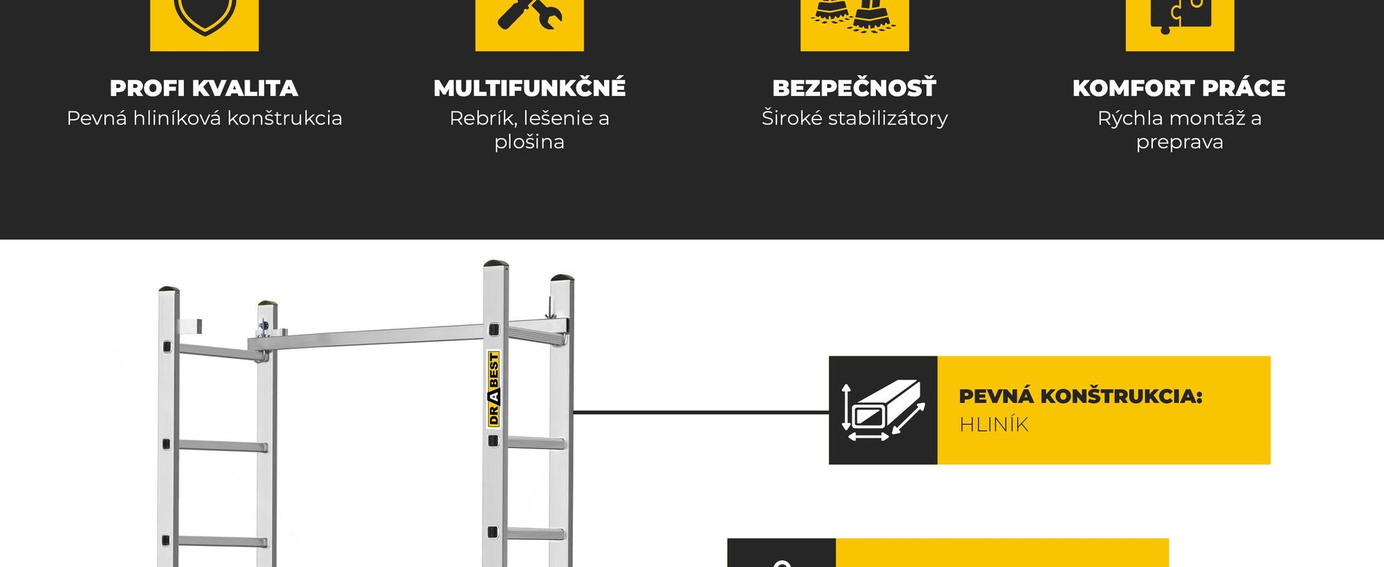 Drabest | Viacúčelový rebrík + lešenie BASIC - Rebríkové lešenie 2x8, nosnosť plošiny: 150 kg, rozmery plošiny 33x114 cm