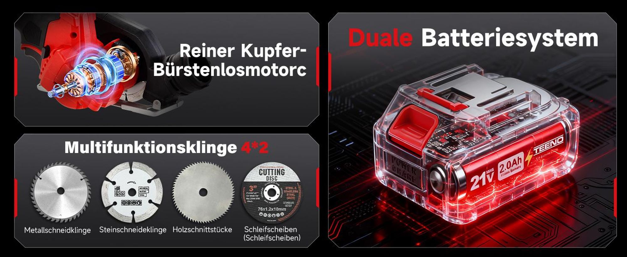 TEENO Akku-Mini-Handkreissäge, Akku Handkreissäge mit LED-Leuchte, 2x 2,0Ah-Akkus, Einstellbarer Schnittwinkel, 20000 U/min, 8 Sägeblätter