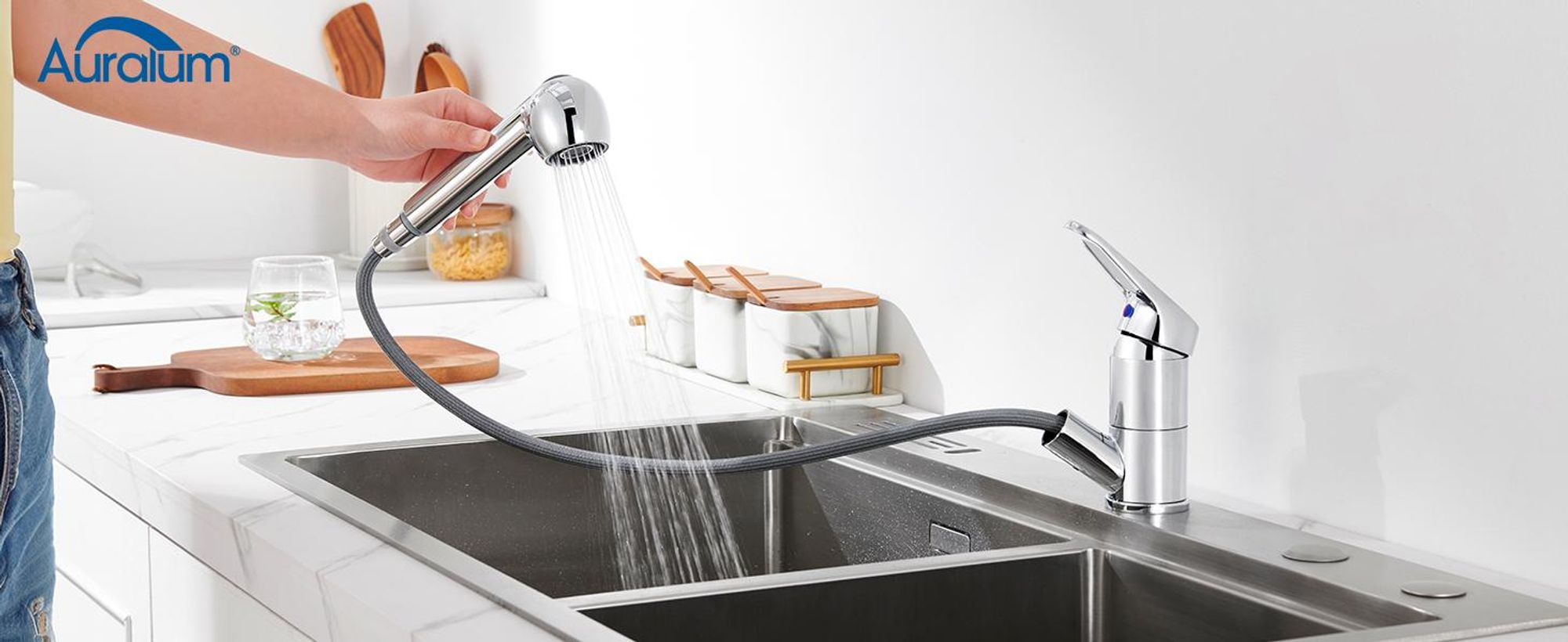 Niederdruck Küchenarmatur ausziehbar 70 cm, Wasserhahn Küche mit 2 Strahlarten, 360° drehbar, Spültischarmatur Chrom mit Brause, für Boiler, Auralum