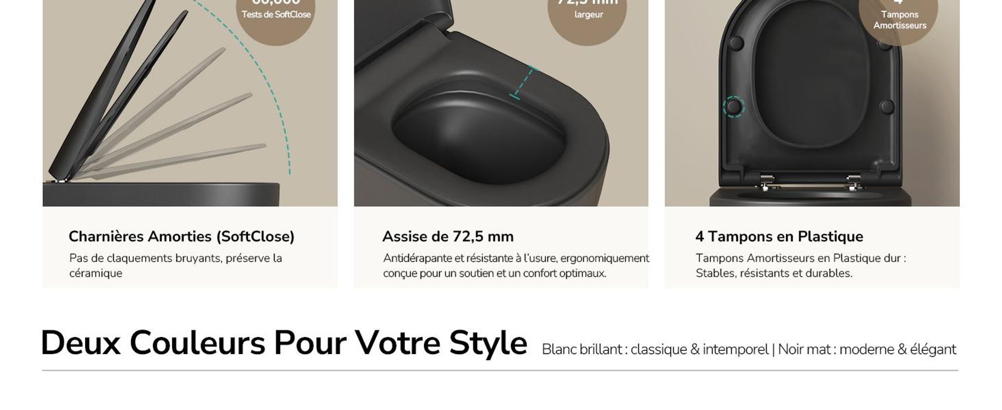 EMKE Toilettes suspendues sans rebord Céramique Économies d'eau Toilettes à fixation murale avec chasse d'eau directe Contre-rinçage à double trou Couvercle Soft-Close Noir mat
