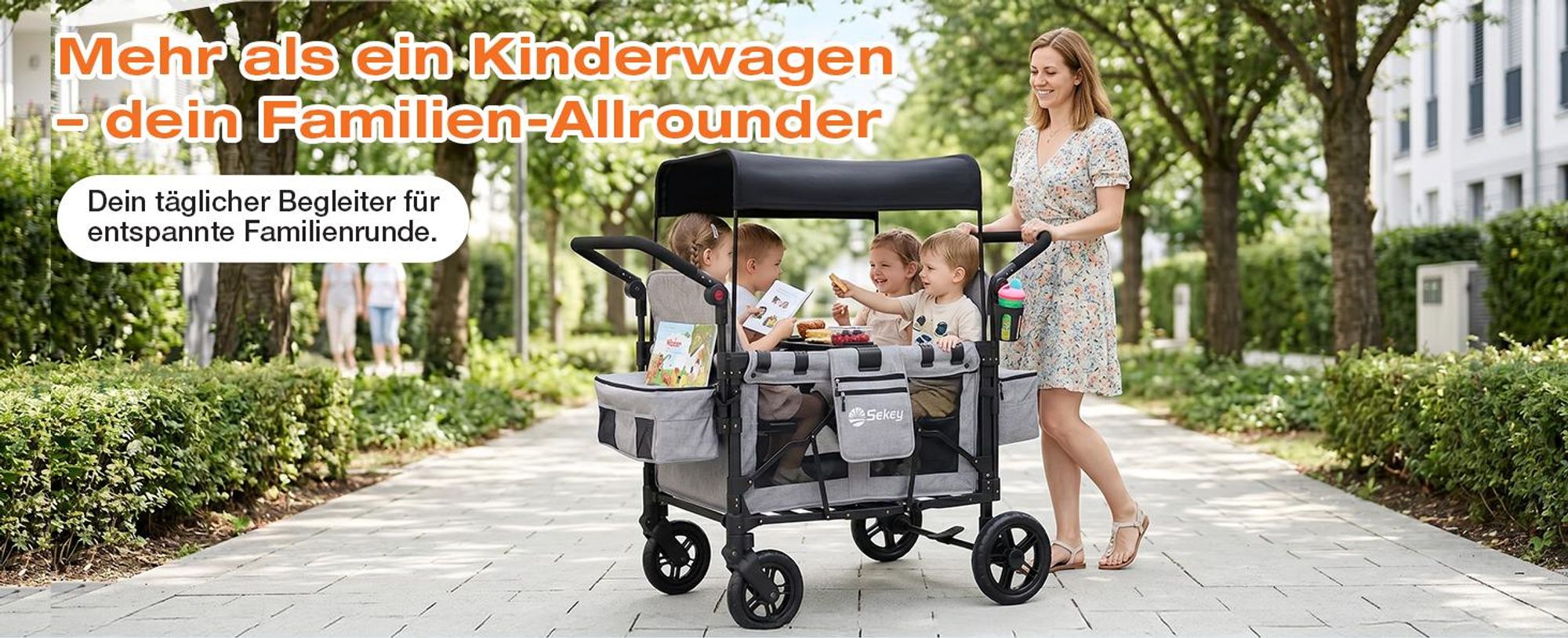 Sekey Faltbarer Bollerwagen mit Dach, Kinderwagen für 2-4 Kinder, 4 Sitzer Zwillingskinderwagen mit 4 integrierten 5-Punkt-Gurtsystem, Grau