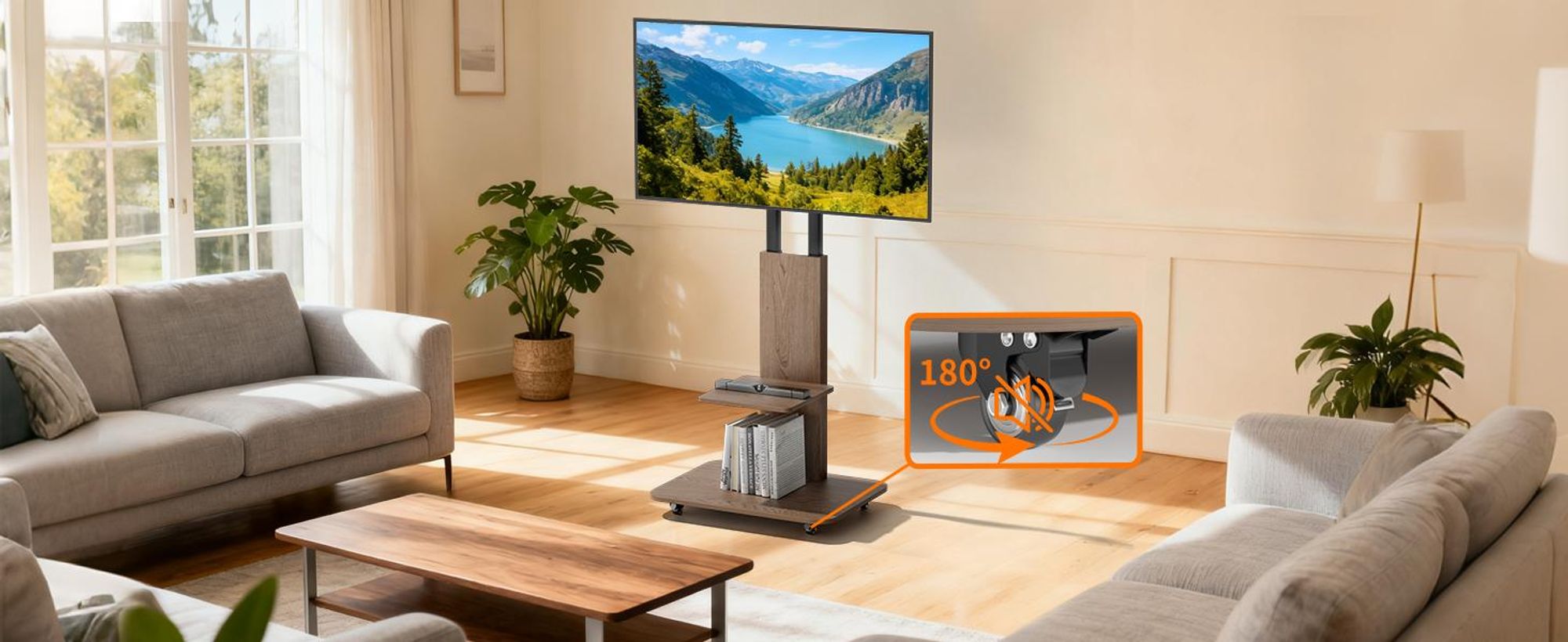 WISFOR TV Standfuß TV Ständer, neigbar rollbar Höhenverstellbar, mit 2 Ablagen für 40-75 Zoll max. VESA 600 x 400 mm, bis Max 80kg