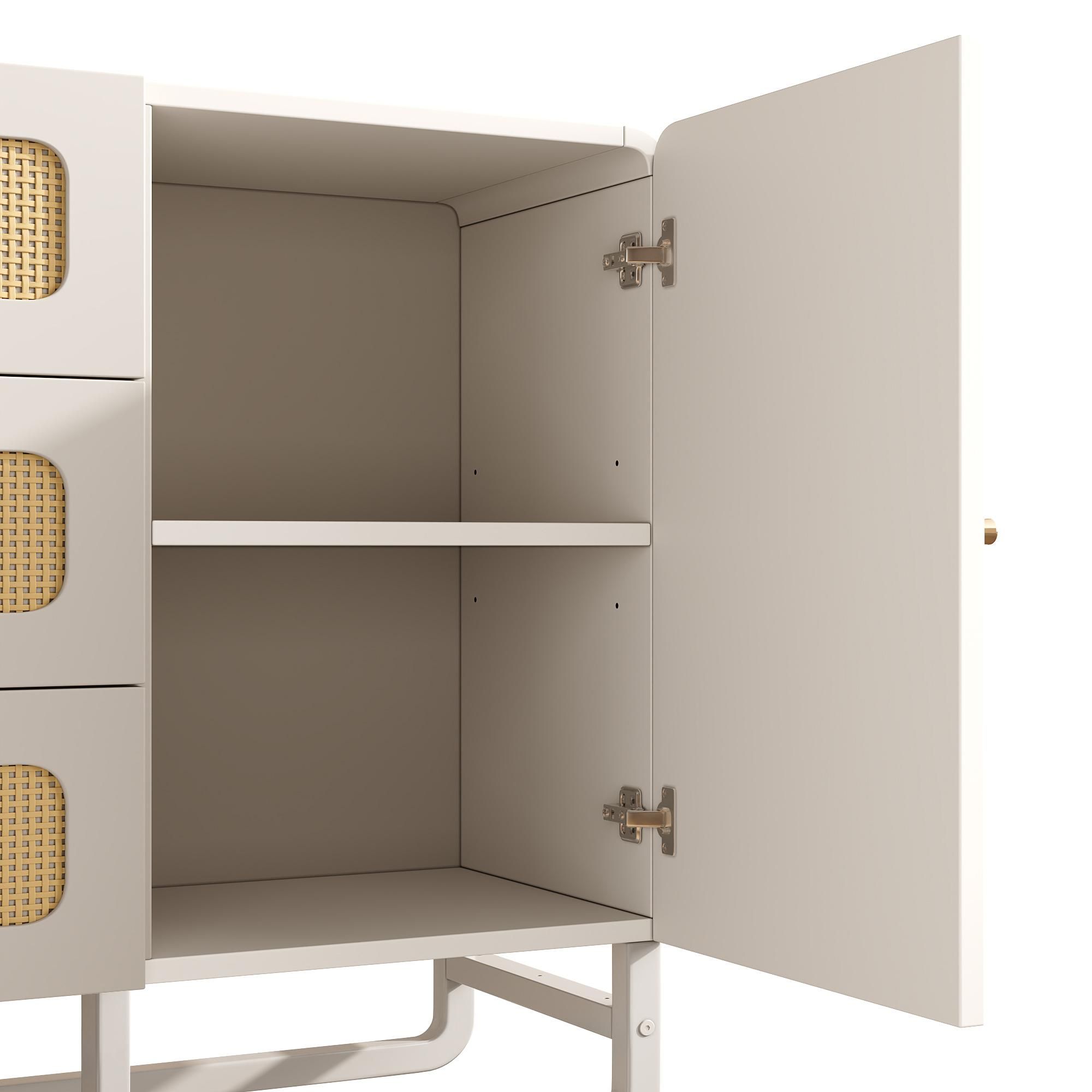 Flieks Kommode Wohnzimmerschrank Rattan mit 3 Schubladen und Tür, Sideboard Anrichte mit verstellbaren Einlegeböden, 120x40x85 cm, Weiß