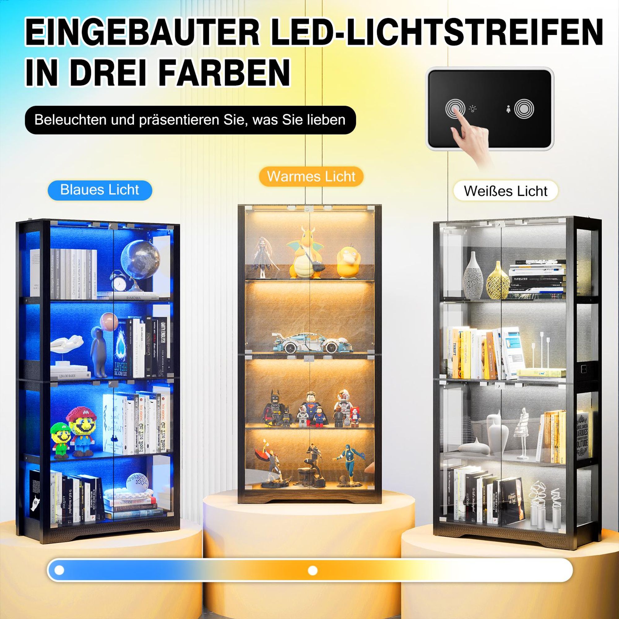 TWSOUL Vitrine LED-Vitrinenschrank mit intelligenter Sensortechnik，3-farbiger Beleuchtung,Glas Vitrine für Sammlerstücke