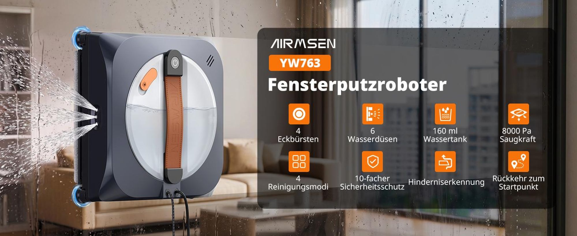 AIRMSEN Fensterputzroboter, 3400 Pa Saugkraft, 6 Sprühdüsen, 180 ml Wassertank, 4 Schwimmwischer, 4 Reinigungsmodi, geräuscharmer Glasreiniger