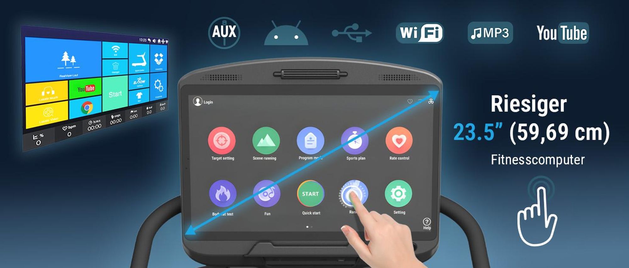 AsVIVA T22 Studio Pro Laufband, 23,5" Touchscreen, 9 PS Motor, 21% Steigung, 8-Zonen Dämpfung