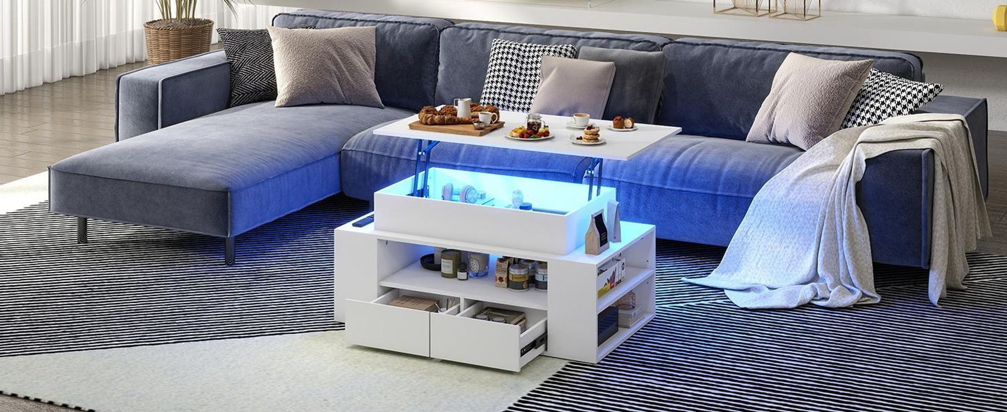 Puluomis Couchtisch mit Schublade, Abhebbarer Tischplatte, RGB Lichtleiste mit App Steuerung Kaffeetisch Schreibtisch Sofatisch für Wohnzimmer weiß