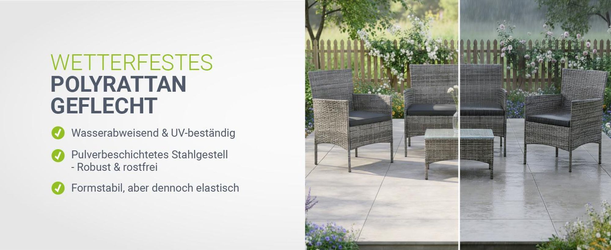 Juskys Polyrattan Gartenmöbel-Set Fort Myers - Tisch, Sofa & 2 Stühle - grau-meliert