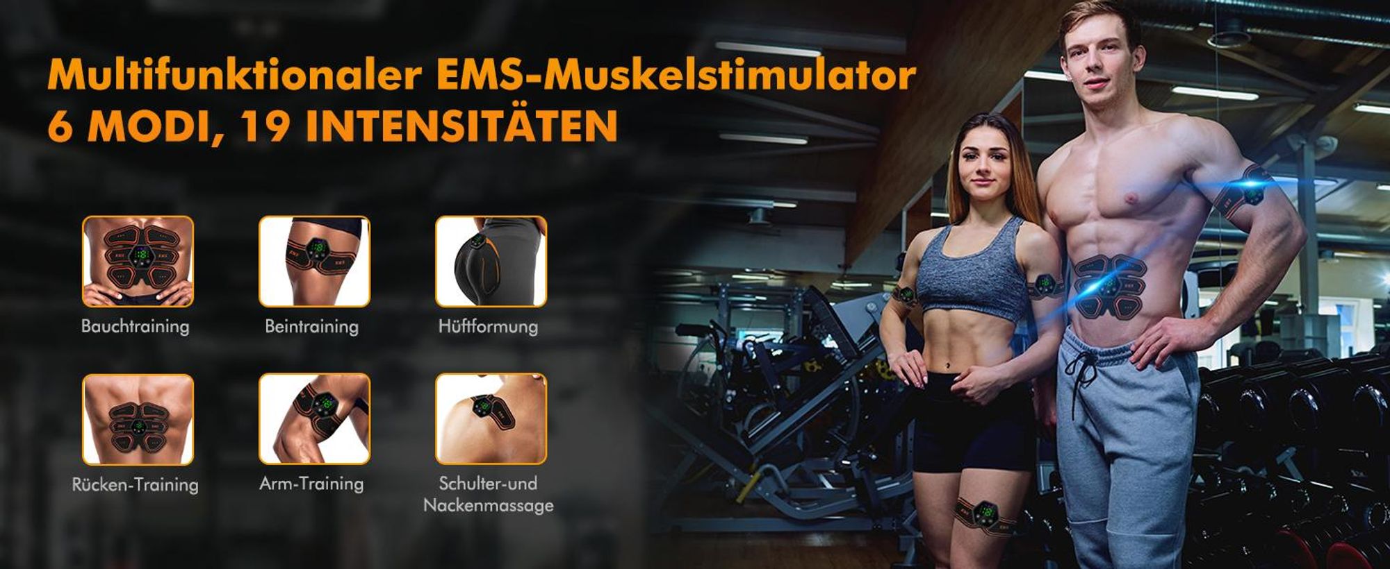 EMS Trainingsgerät – EMS Bauchmuskeltrainer Elektrisch mit 8 Modi & 19 Intensitäten für ABS, Arm, Bein & Po, Gürtel für Herren & Damen