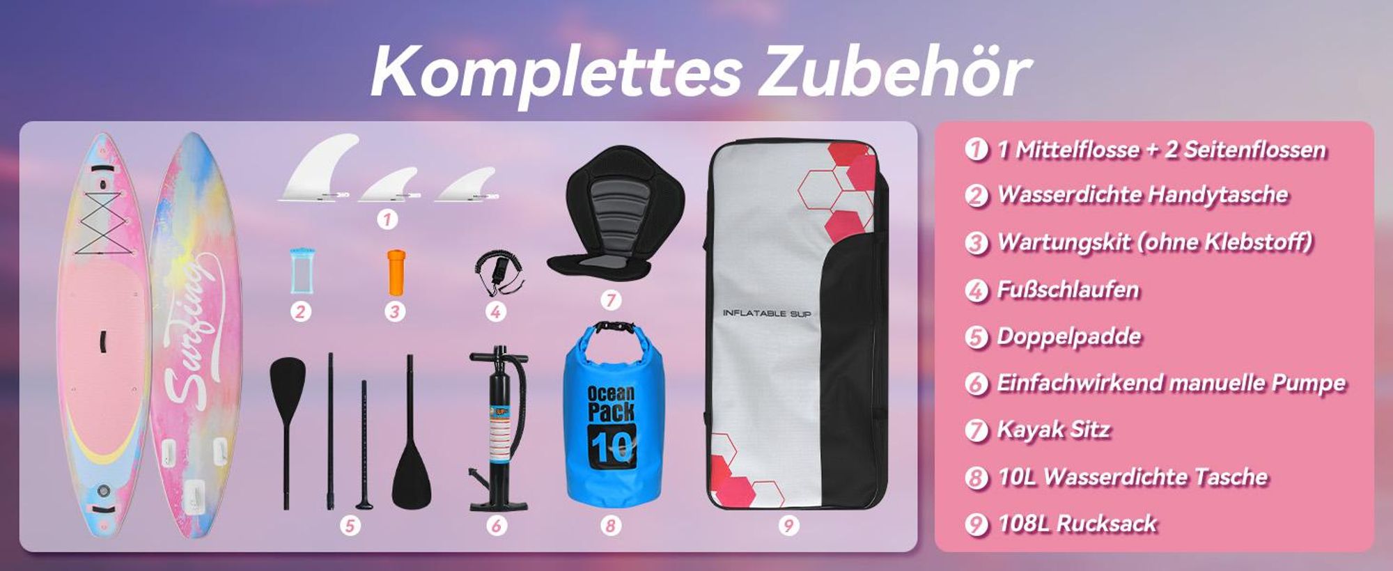 Puluomis SUP Board mit Sitz 335cm, Stand Up Paddle Boards Set, Paddling Paddelboard Surfbrett Aufblasbar, Pumpe Tragetasche, MB. bis 150Kg Pink Bunt