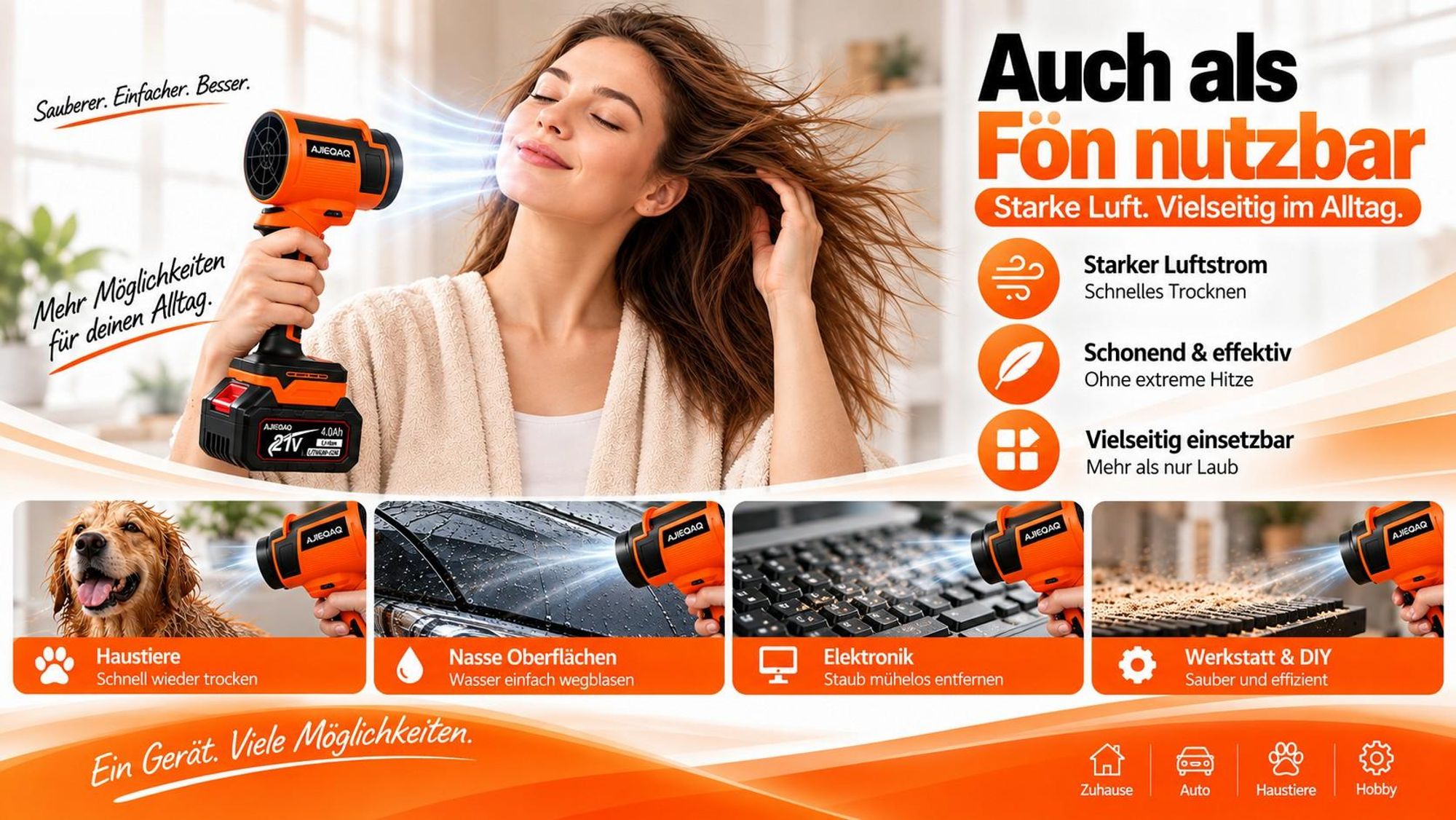 Akku-Laubbläser 21V Brushless, 1500W, 648 km/h, 6 Stufen + Turbo, 2×4,0Ah Akkus, 360° Griff, für Laub, Schnee, Auto & Trocknen