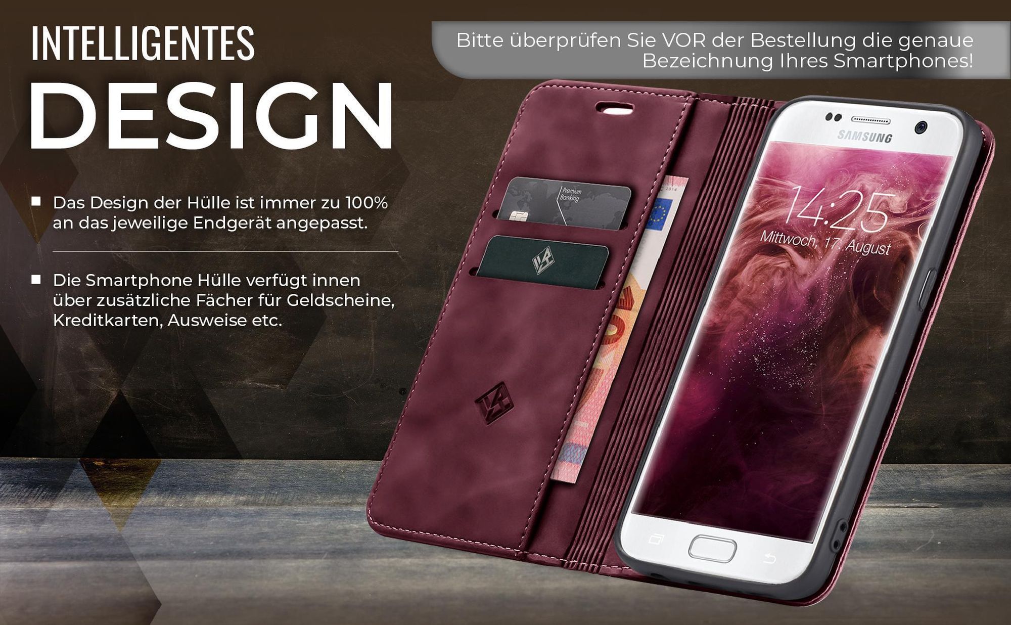 Edle Schutzhülle in Weinrot für Samsung Galaxy S7 Edge mit Kartenfächern und Geldfach
