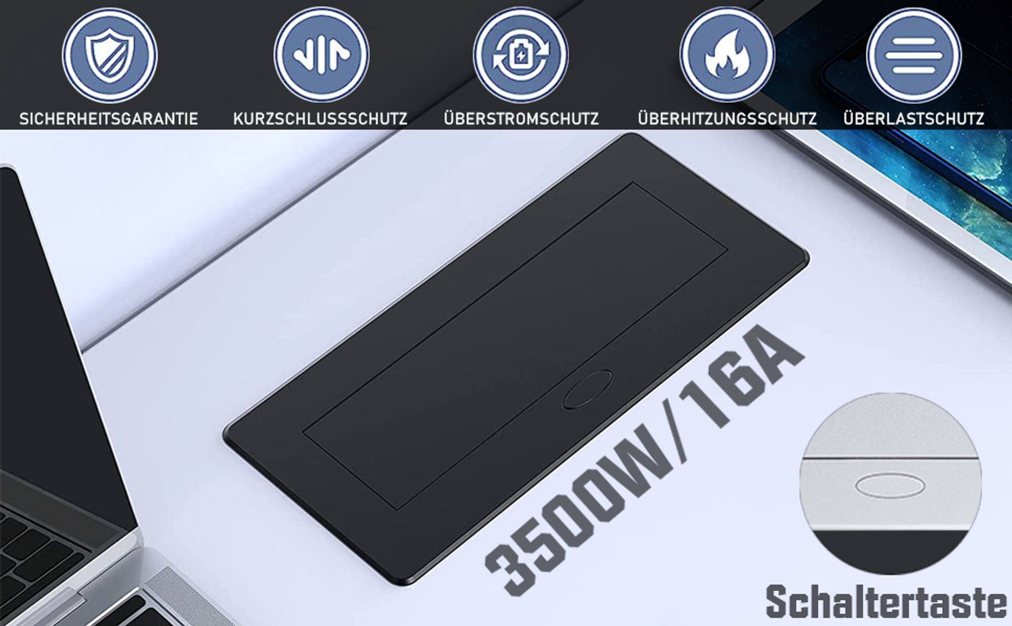 Aluminium Versenkte Einbausteckdose, 3500W/16A, 2 Fach Tischplatte Steckdose mit 2 USB, Tischsteckdose Mehrfachsteckdose für Arbeitsplatte Küche Büro