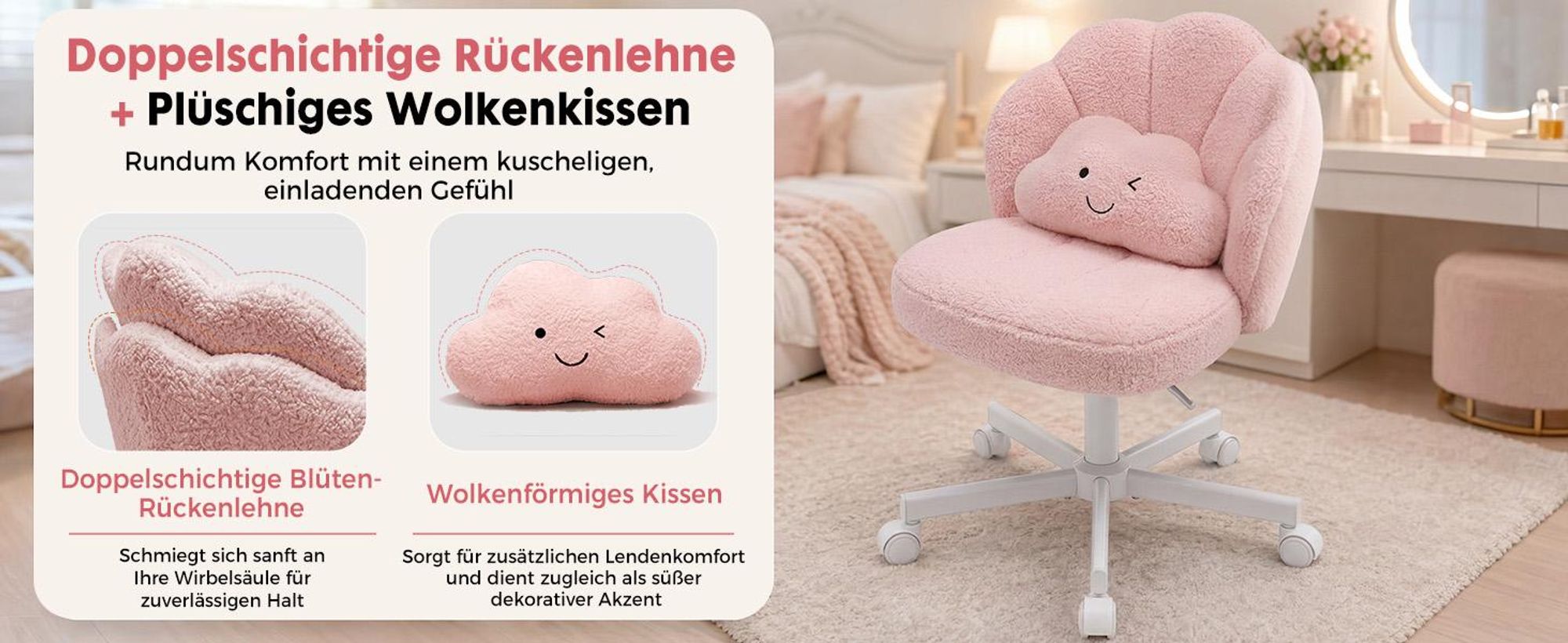 COMHOMA Bürostuhl Schreibtischstuhl, Schminkstuhl mit Rollen Doppelter Rückenlehne und Wolkenkissen, Höhenverstellbarer Drehstuhl, Teddystoff, ROSA