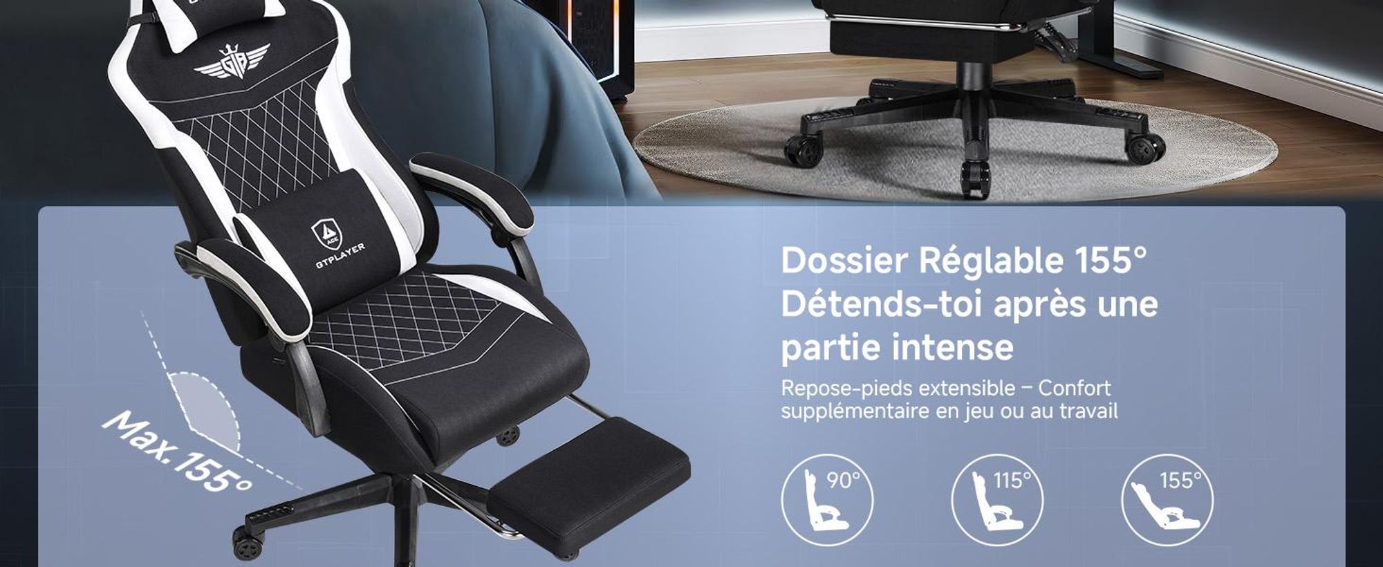Chaise de jeu GTPLAYER, Chaise de jeu ergonomique en tissu avec soutien lombaire, Chaise PC avec dossier élargi, supporte jusqu'à 150 kg, Schwa