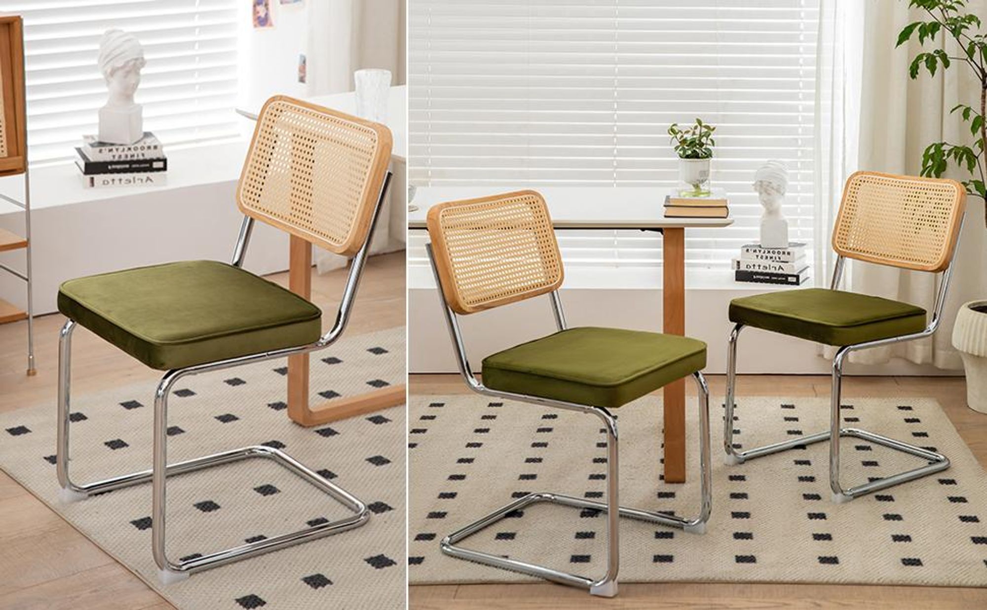 LVHOM 2er Set Freischwinger Esszimmerstuhl im Bauhaus Stil, Wiener Geflecht Rattan-Rückenlehne, Samt Polsterstuhl mit Chromgestell, Retro Design, Grün