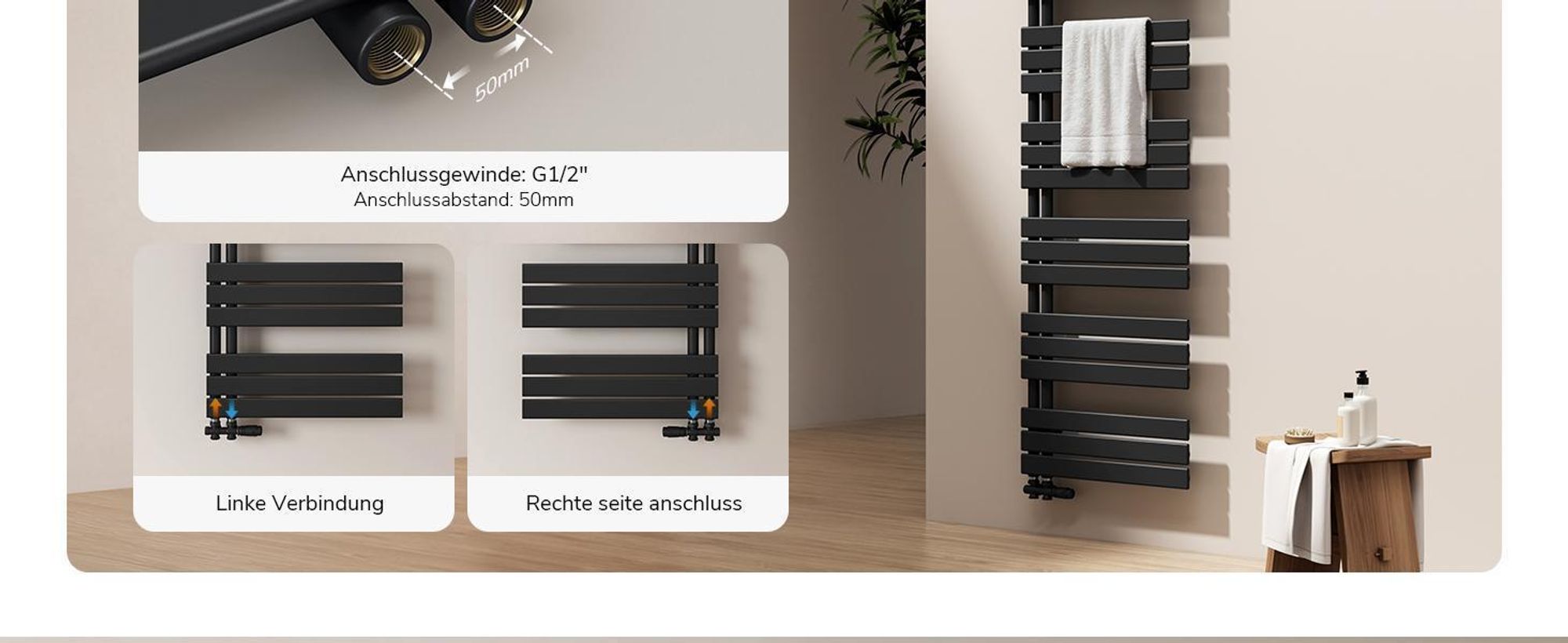 EMKE Badheizkörper Flach 132x60 cm Schwarz Handtuchwärmer Handtuchtrockner Panel Handtuchhalter Seitenanschluss 798W ohne Heizstab