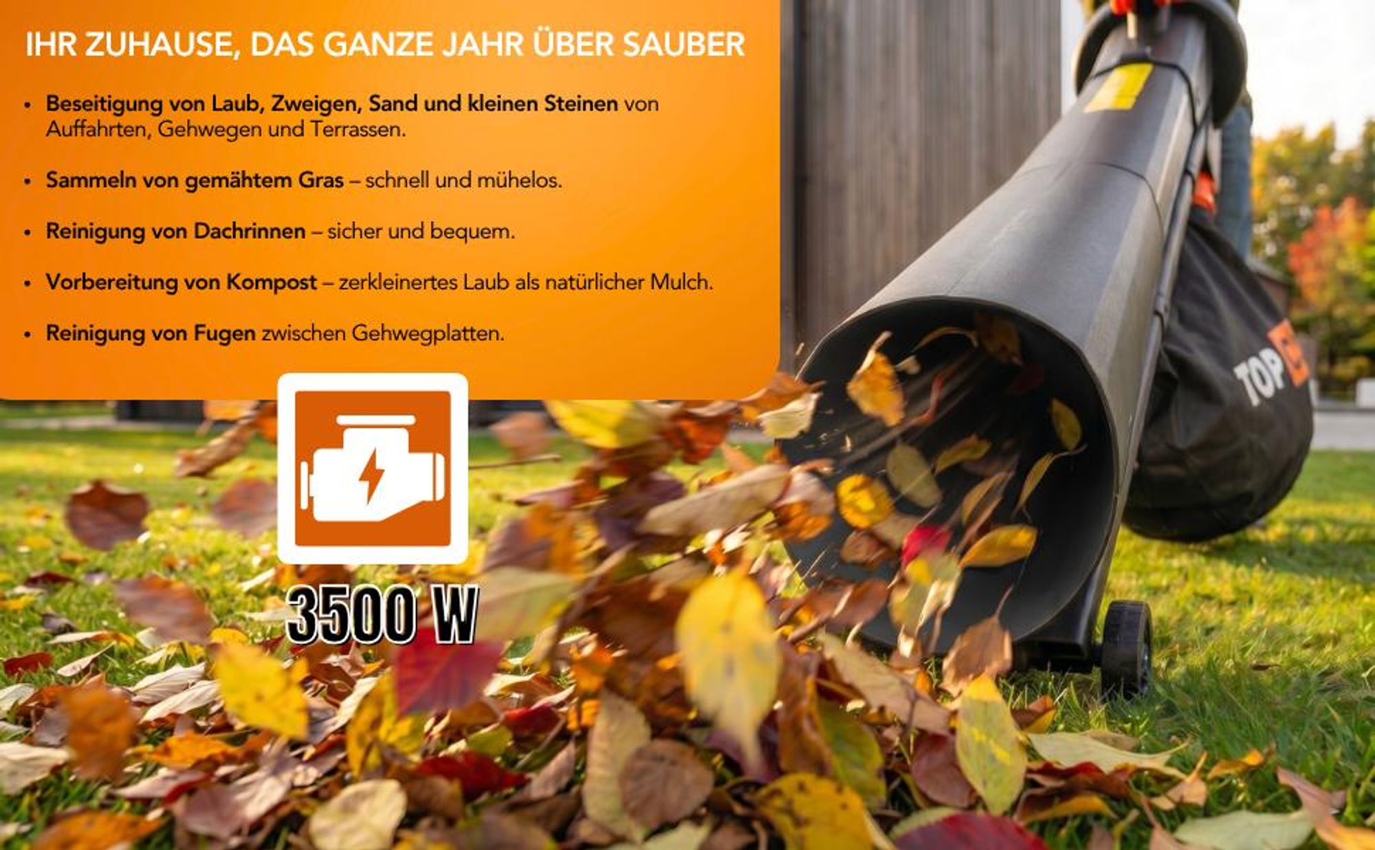 TOP CUT Elektrischer Laubsauger mit Laubbläser Funktion 3500W | Metall Häcksler 10:1, 35L Fangsack, 252 km/h Luftgeschwindigkeit | TC-LBE-3500