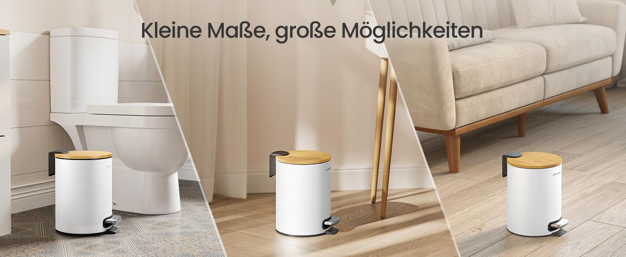 SONGMICS Mülleimer Bad 3 Liter, Kosmetikeimer mit Bambusdeckel aus Bambus, Tretmülleimer für Badezimmer, weiß