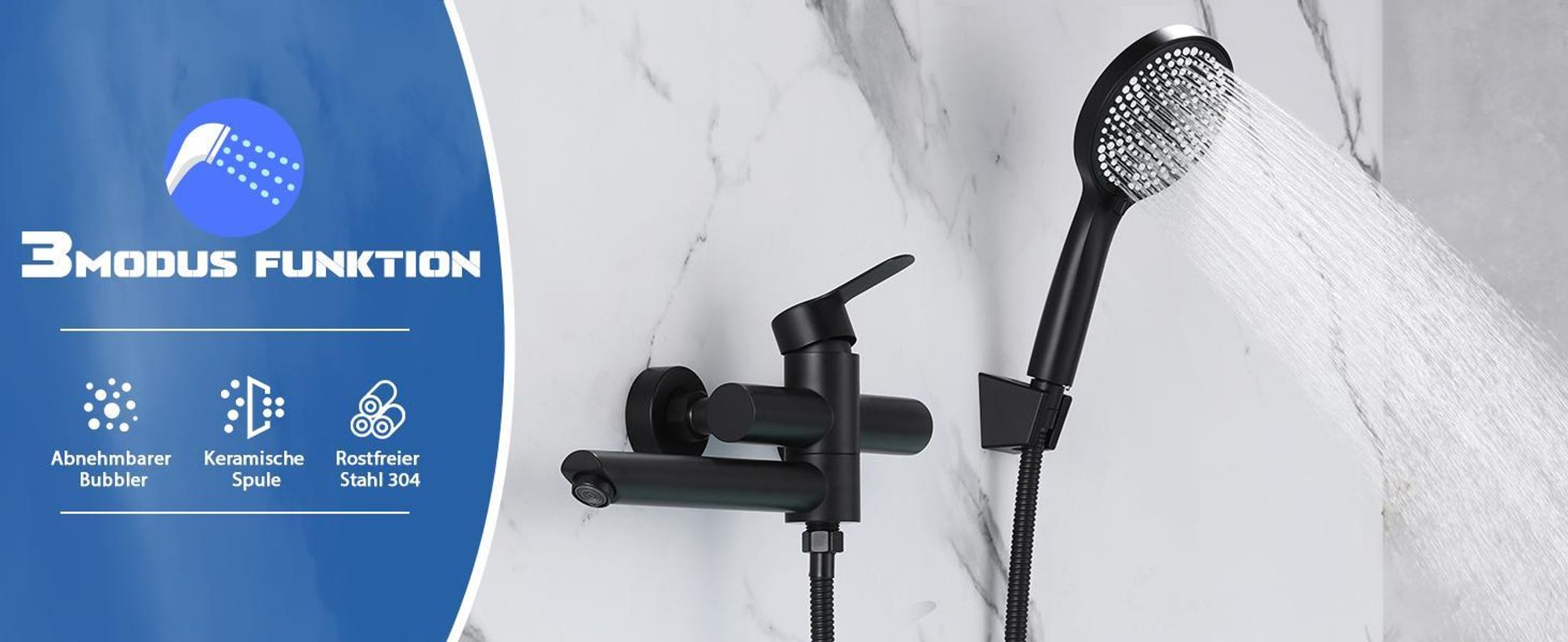 ZMH Badewannenarmatur Schwarz Wannenarmatur mit 3 Funktionen Handbrause Klassisch Set Amaturen Wasserhahn für Badewanne Bad