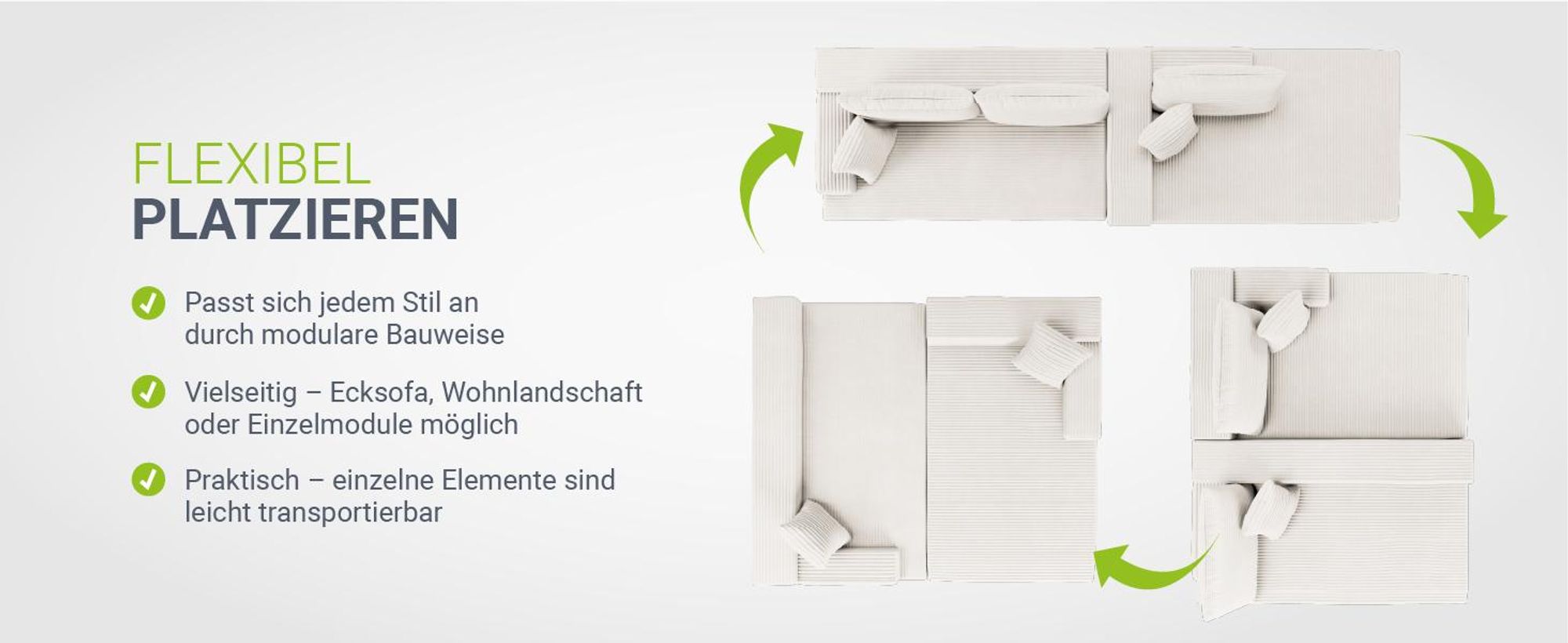 Juskys Sofa Coredo - Creme, moderne Couch aus Cord mit Kissen, Ottomane rechts