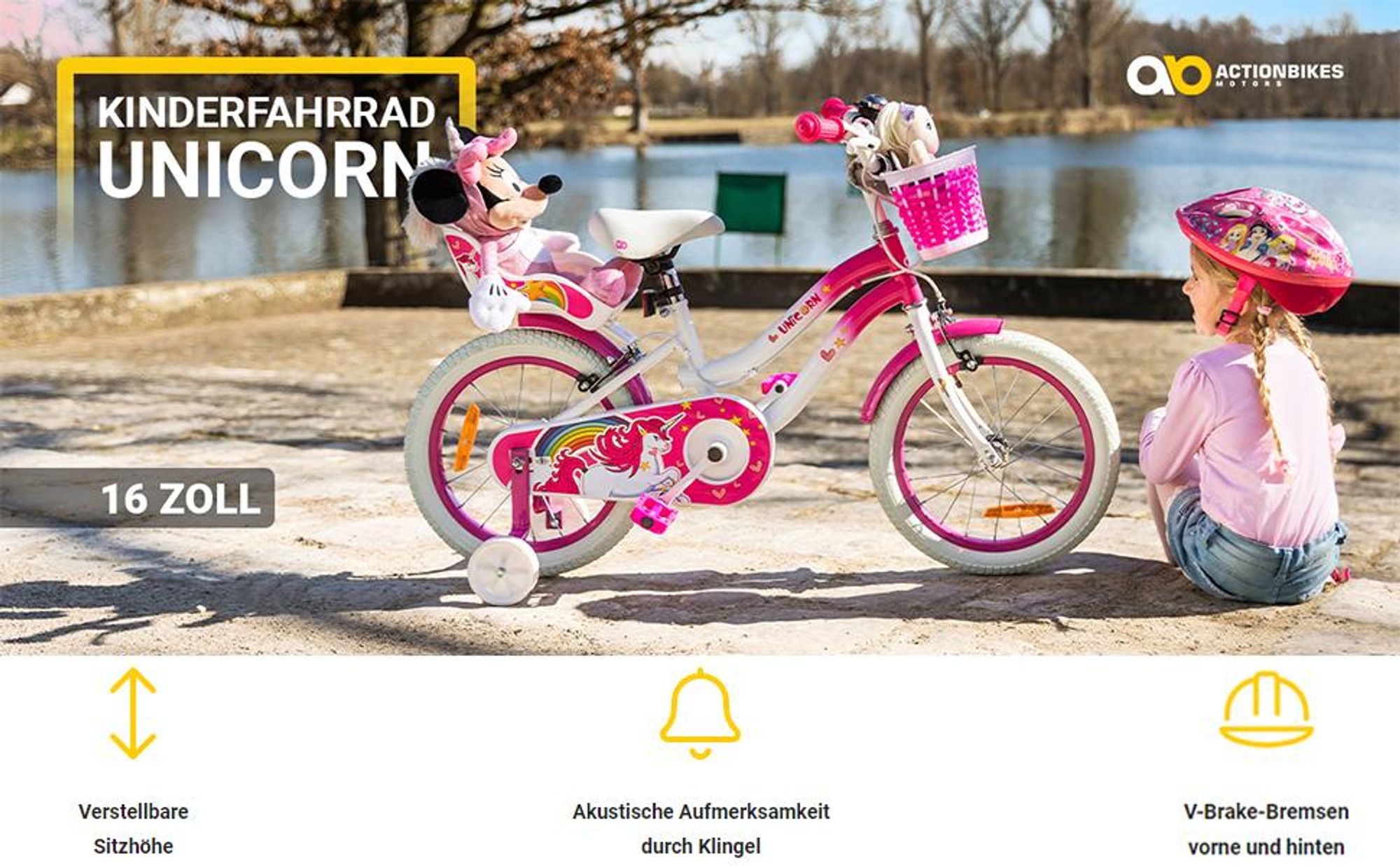 Actionbikes Kinderfahrrad Unicorn 16 Zoll | Kinder Fahrrad - V-Brake Bremsen - Kettenschutz - Fahrradständer - Antirutschgriffe - 6-9 Jahre (Pink)