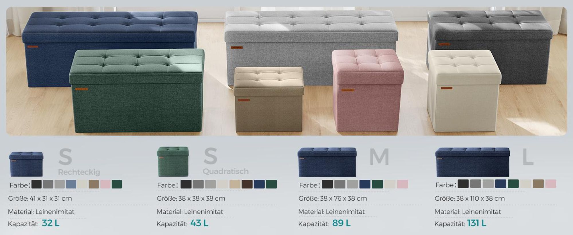 SONGMICS 110 cm Sitzbank mit Stauraum, klappbare Sitztruhe, Fußbank, dunkelblau