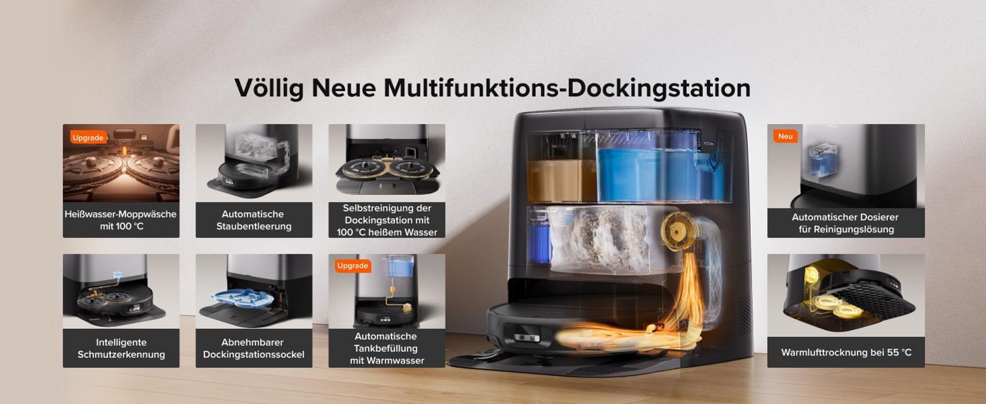 Roborock Saros 20 Neo Set Saugroboter mit Wischfunktion, 36.000 Pa Saugkraft Dual Zero-Tangle-System, FlexiArm Technologie 100°C Heißwasser-Moppwäsche