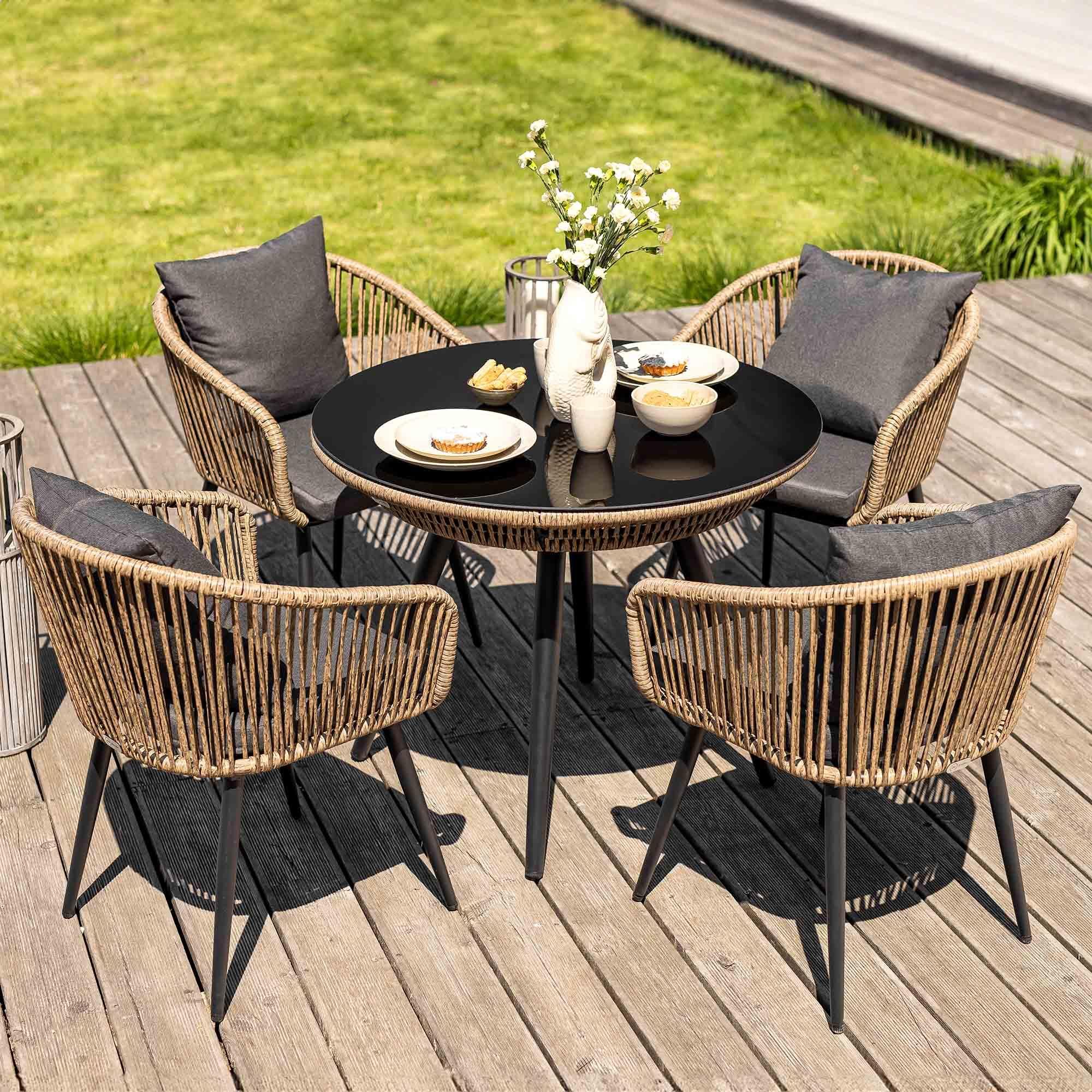 di volio Gartenmöbel-Set RIETI Beige/Grau, Terrassenmöbel aus Polyrattan und Stahl, Gartenmöbel für 4 Personen - Couchtisch & 4 Stühle