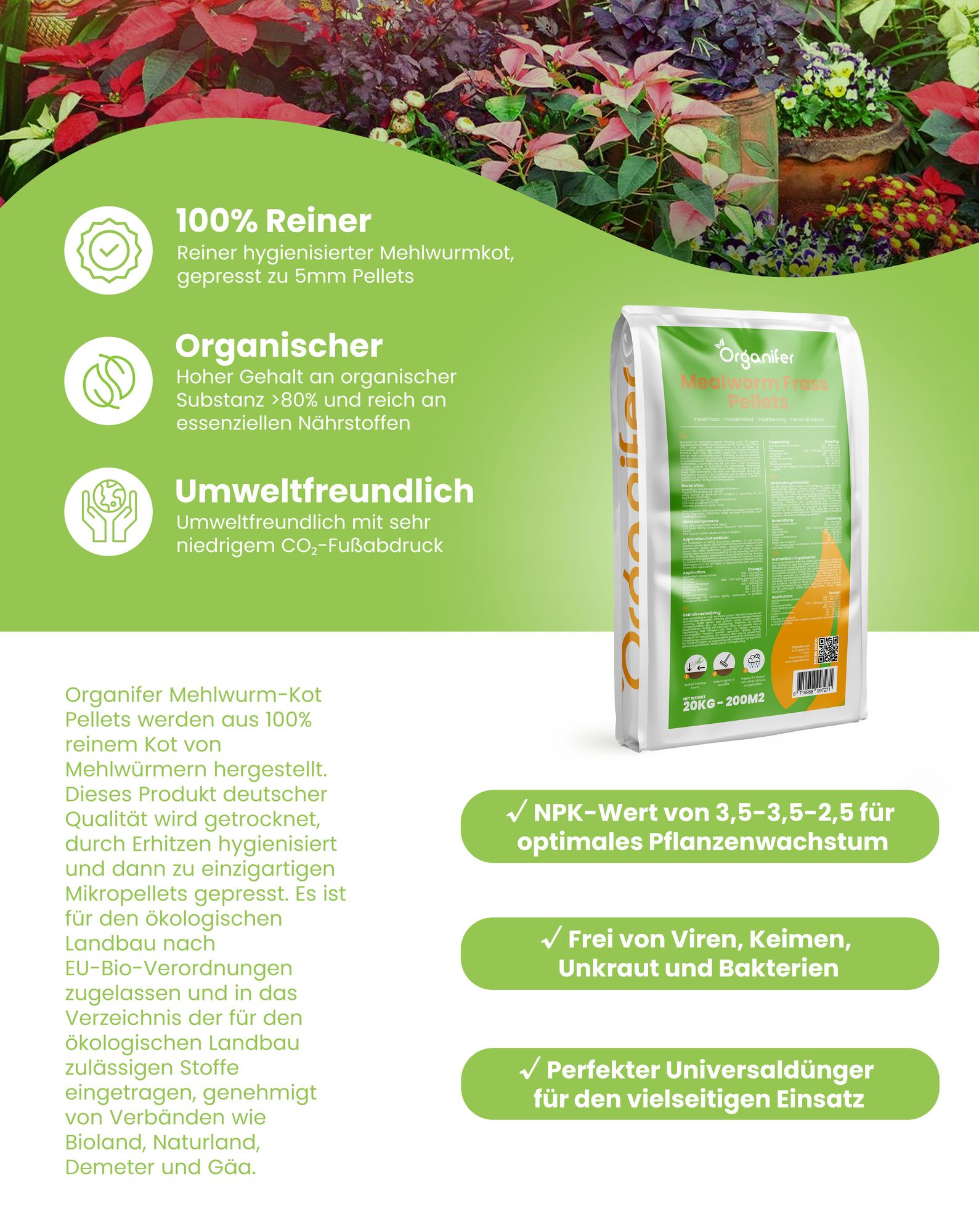 Mehlwurm-Kot – Insekten-Düngergranulat (20 kg für 200 m2) - Organifer