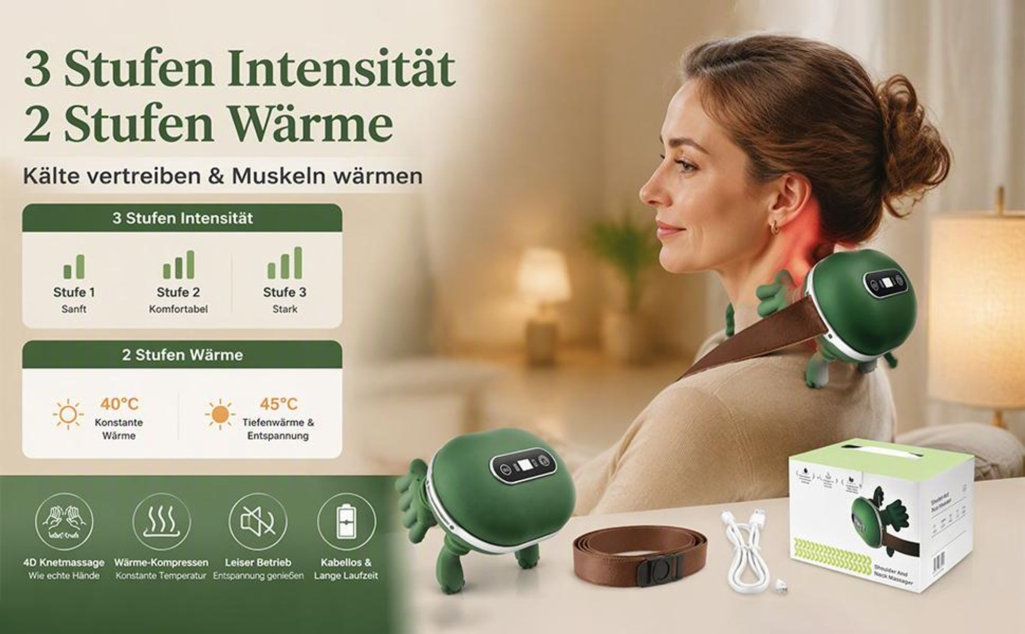 4D Nackenmassagegerät kabellos – mit Wärme (2 Stufen) & Touchscreen. Ergonomische Massage für Nacken & HWS. Ideal als Geschenk