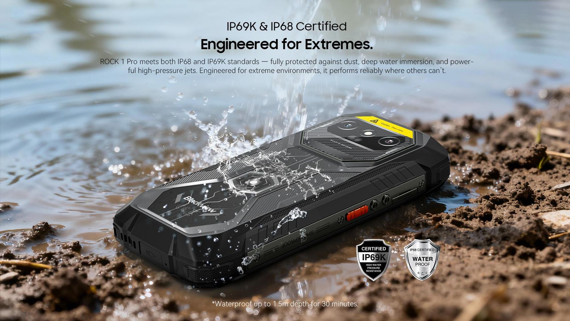 Blackview ROCK 1 PRO 6.56" Militarisches Outdoor handy, 32+256GB, Android 16, 15000mHA, 33W, Face ID, 16MP+13MP+20MP, Helio G81, IP69K/IP68