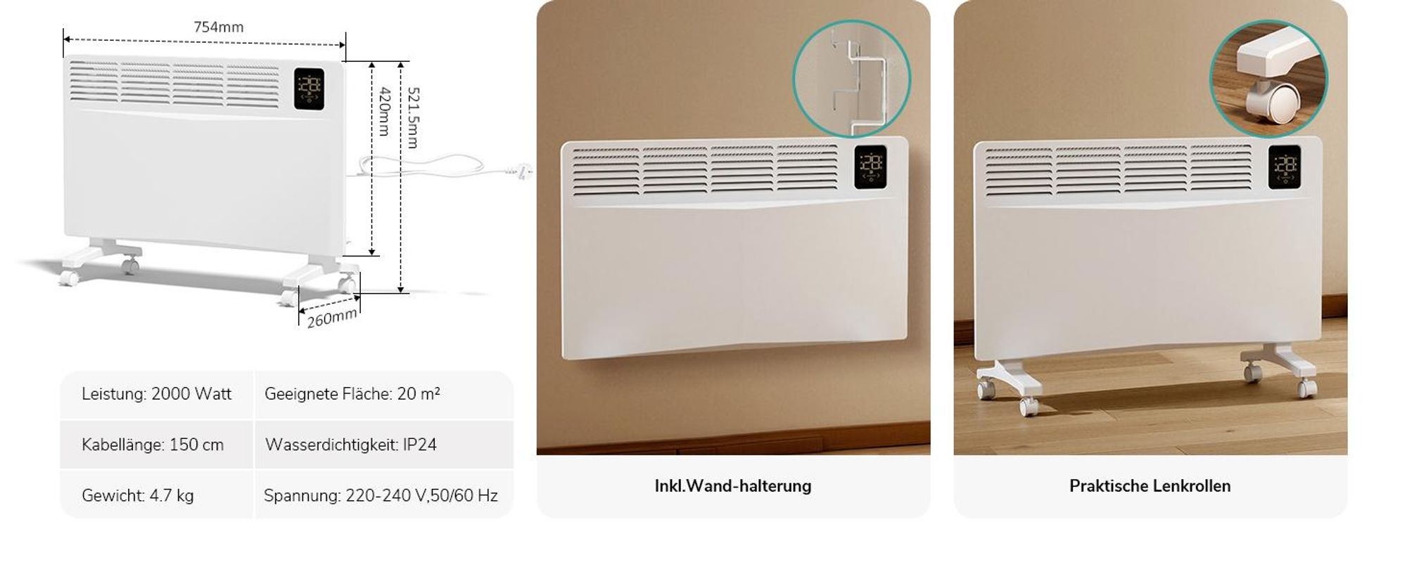 EMKE Konvektor Heizung 2000W mit WiFi & App, Elektroheizkörper Energiesparend, Wandheizung & Standgerät mit Rollen, 24/7 Timer, Weiß