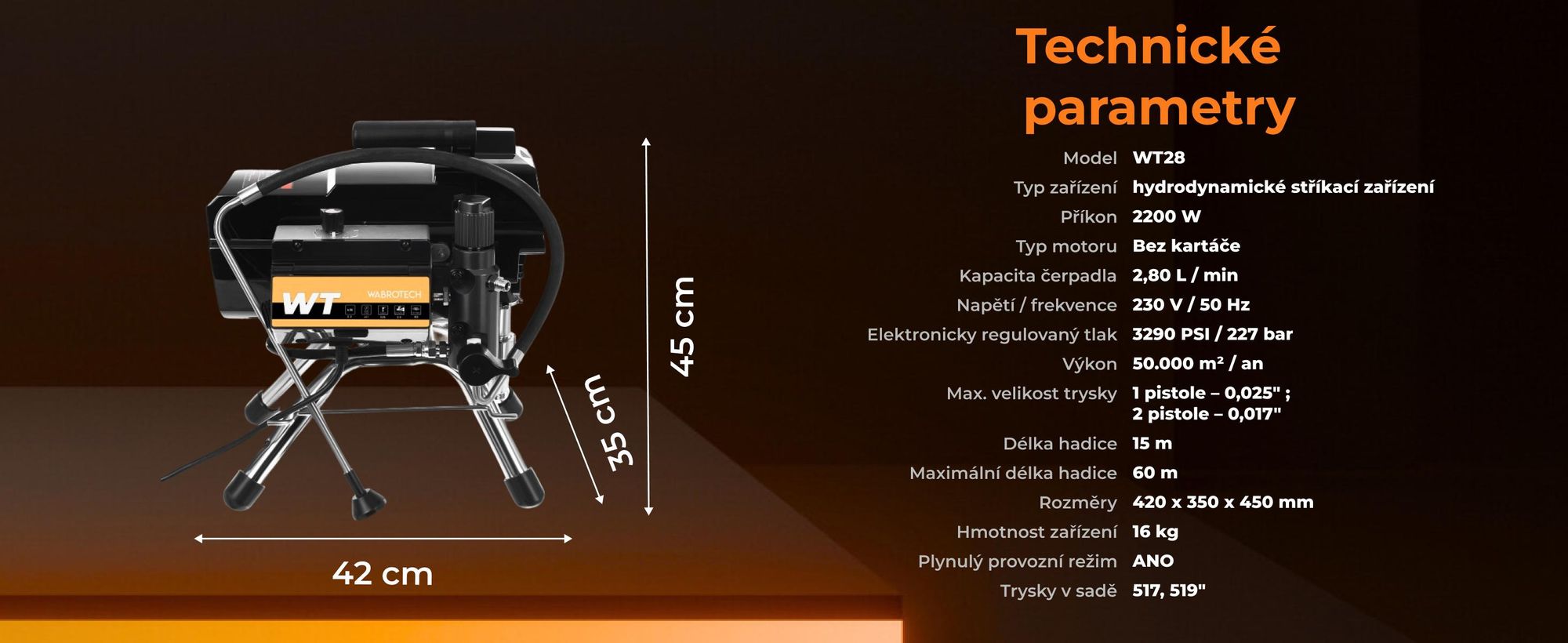Stříkací zařízení Airless 2200W 2,8 l/min WABROTECH WT28 Malířský agregát 227 bar