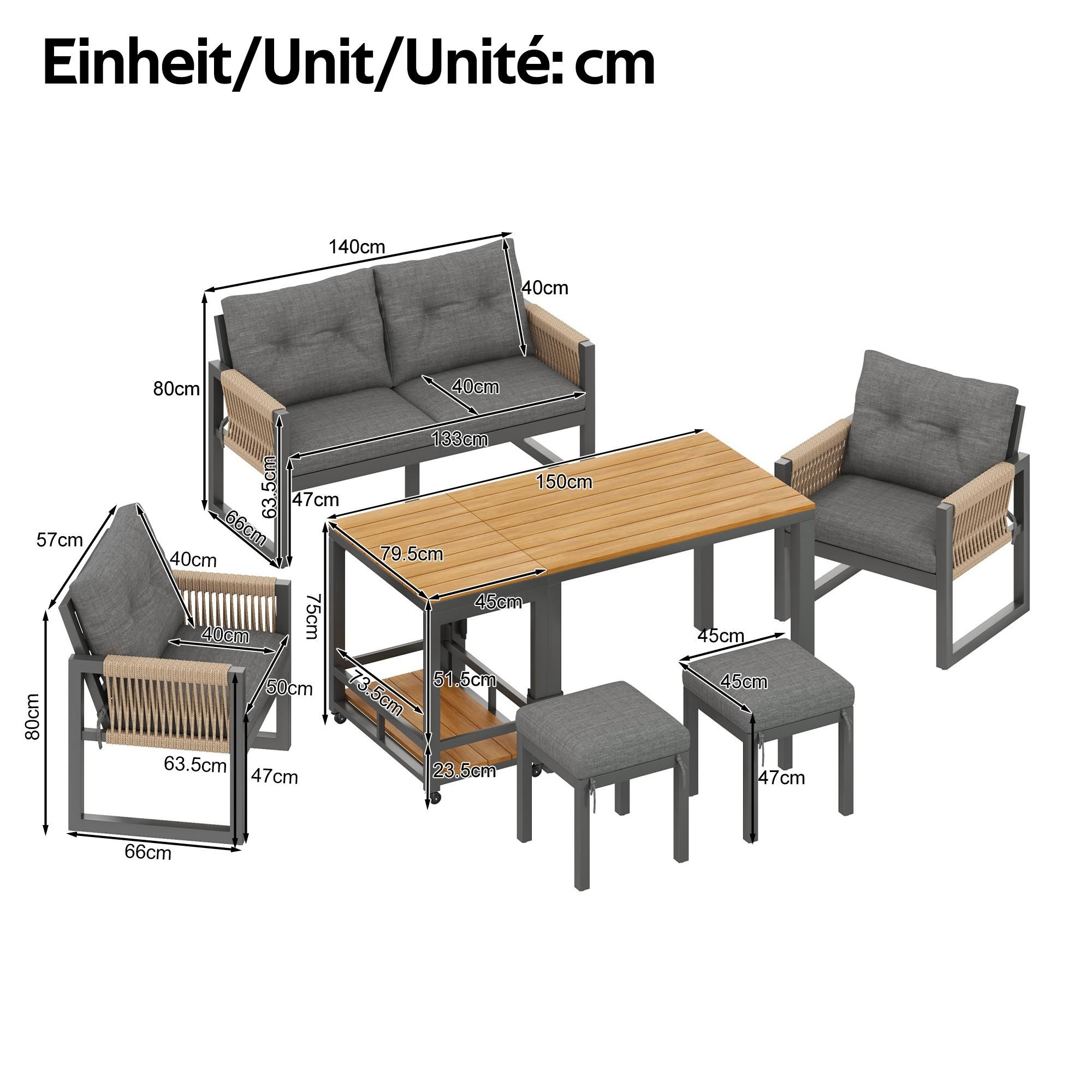 Flieks Gartenmöbel-Sets 6-tlg., Gartenmöbelset mit abnehmbarem Couchtisch, Gartensofa mit Stuhl & Hocker, Balkonmöbelset 6 Personen Seil, Grau
