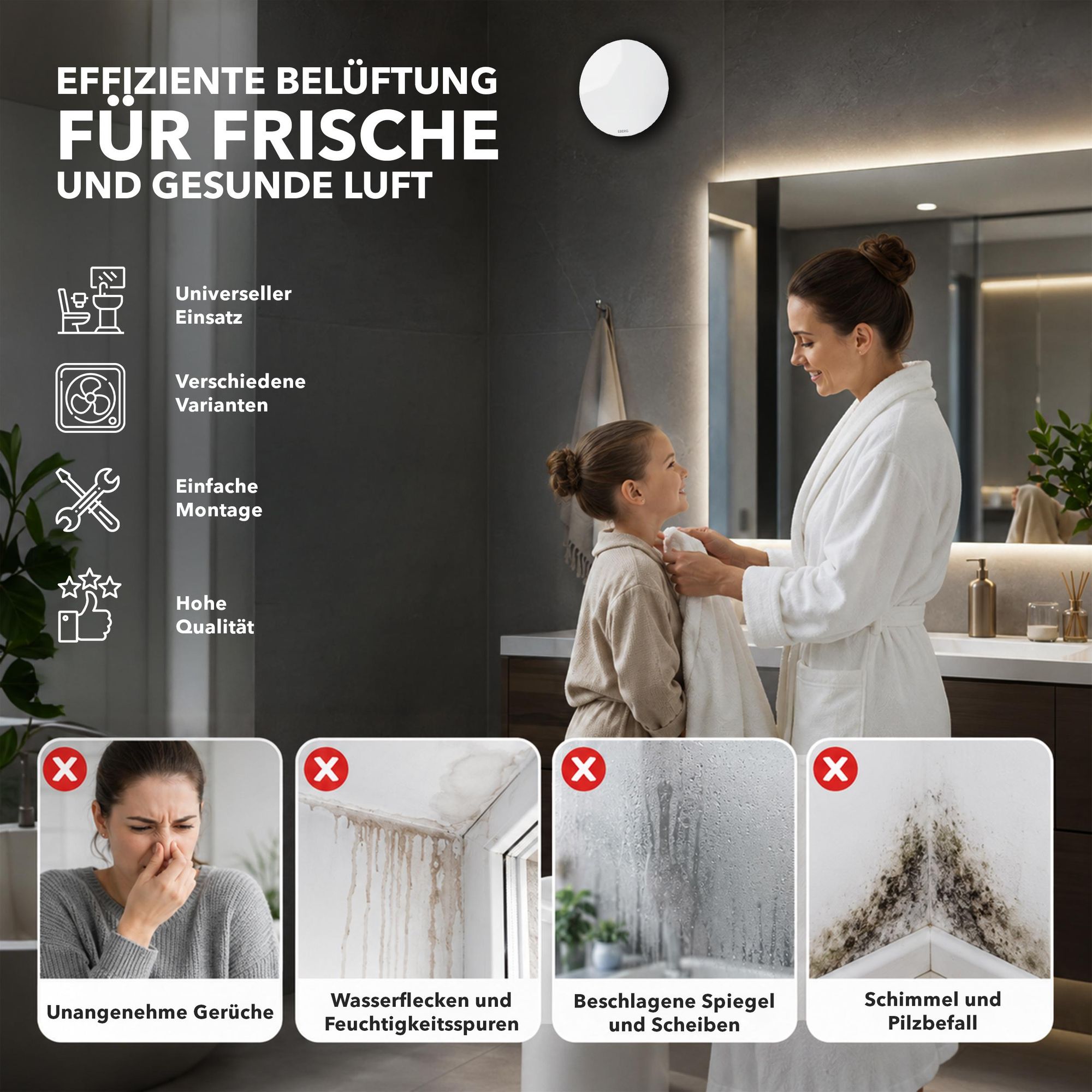 EBERG AXO 100 Badlüfter 100 mm Rückstauklappe Kugellager Weiß