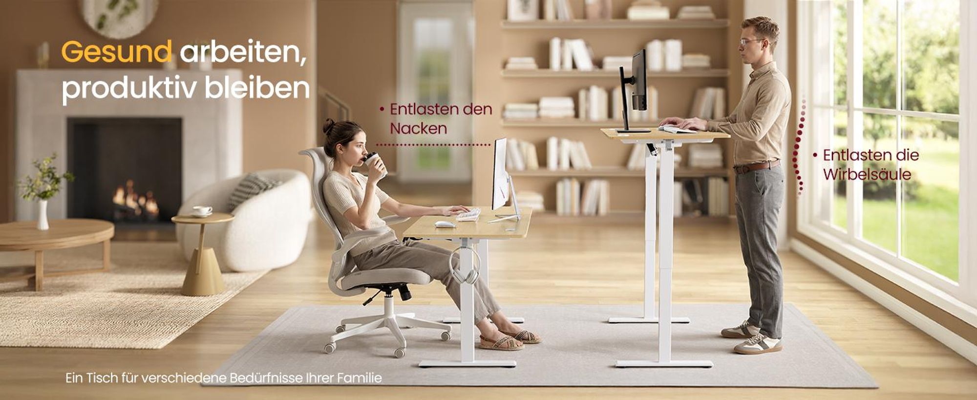 VASAGLE Elektrisch verstellbarer Stehtisch, Memory-Funktion mit 4 Höhen, Schreibtisch für Home Office, 140 x 60 cm, goldeichenfarben und mattweiß