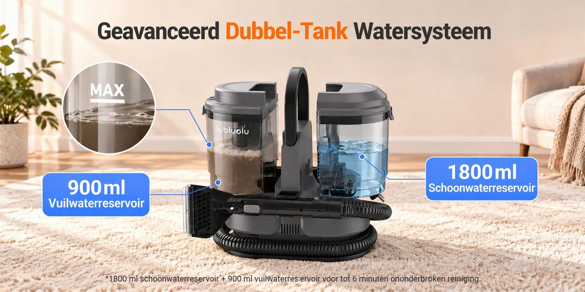 Lubluelu V1 Tapijt- en Bekledingsreiniger, 18.000 Pa, 450 W, Dubbele Watertank van 1,8 L + 0,9 L, Compact voor Banken, Autostoelen en Tapijten