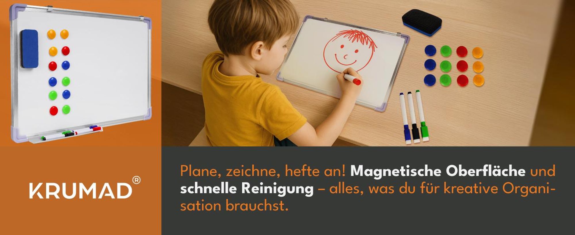 KRUMAD Whiteboard Magnetisch 60x40 cm – Magnettafel mit Zubehör, abwischbare Schreibtafel mit Metallrahmen – inkl. Stifte, Magnete & Radierer