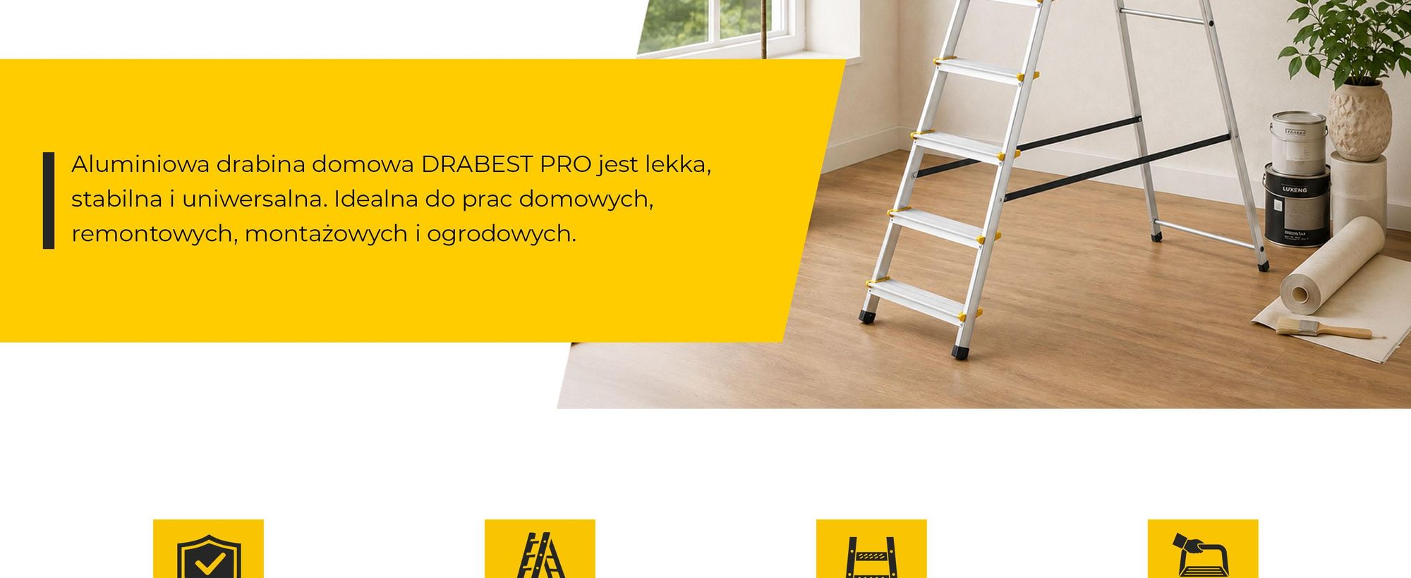 Drabest | Drabina składana - 8 stopni, nośność 150kg - aluminiowa, schodowa, antypoślizgowe nóżki, z półką
