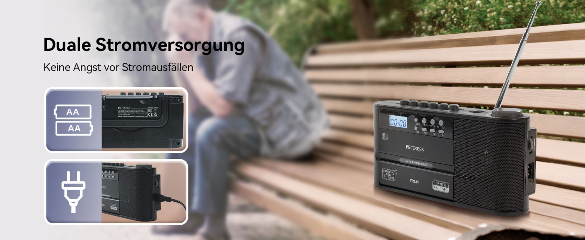 Retekess TR641 Cassette Player,Tape Player Recorder,FM AM Radio, USB/TF -Karte,Drahtlose Verbindung,Batteriebetrieb oder Wechselstromstromversorgung