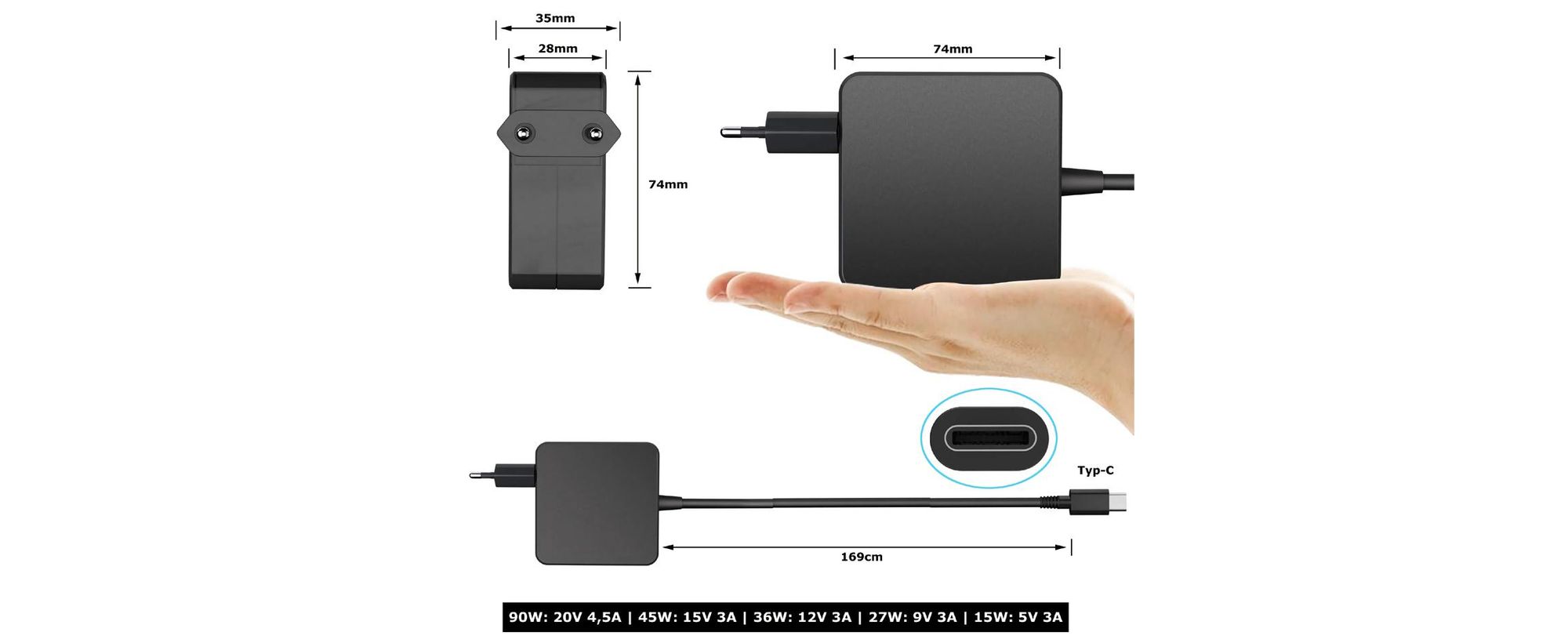B28C 90W USB-C Netzteil – PD Schnellladegerät für Laptop & Notebook, DC 5V / 9V / 12V / 15V / 20V